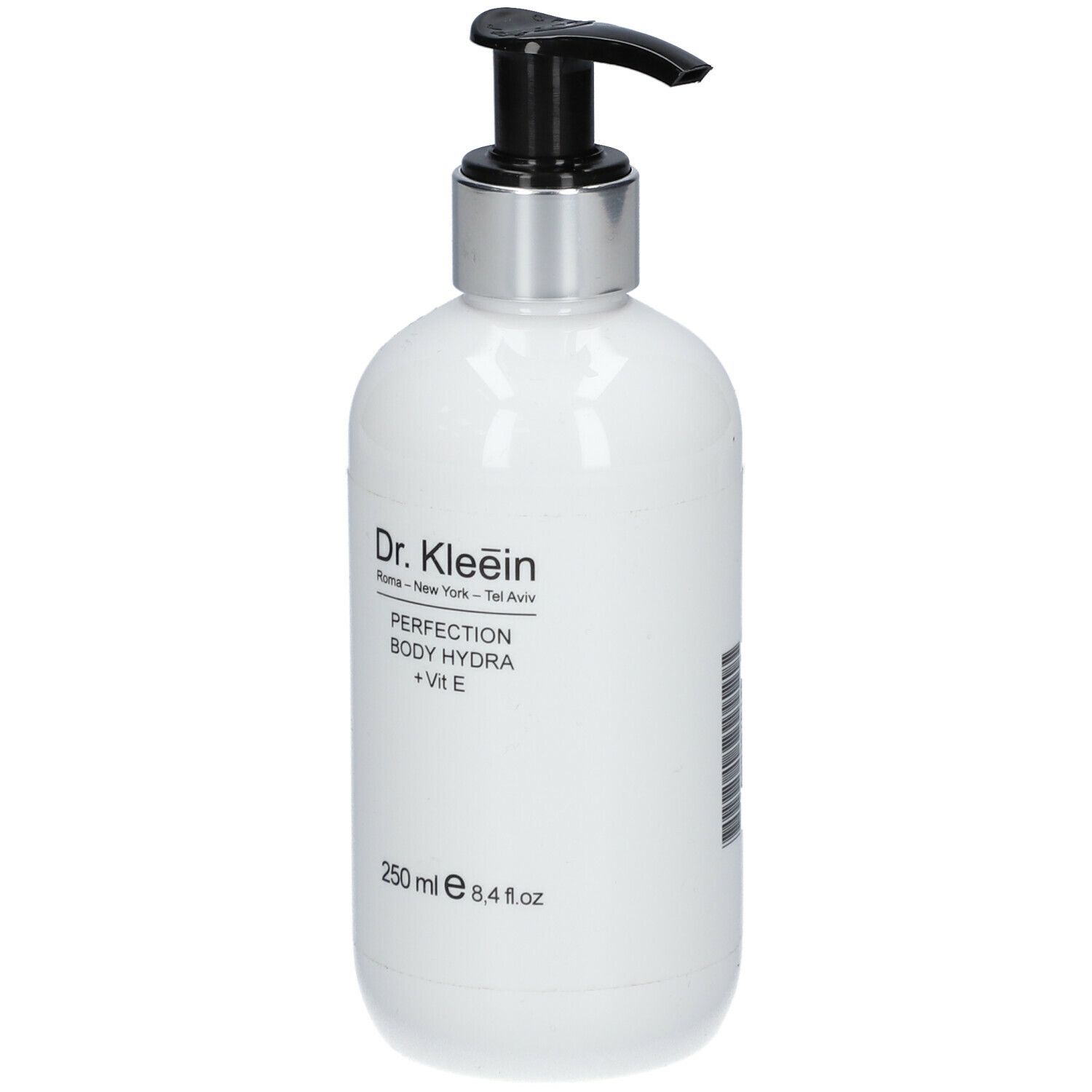 Flacone bianco con erogatore nero. Scritta: Dr. Kleein, PERFECTION BODY HYDRA + Vit E. Volume: 250 ml.