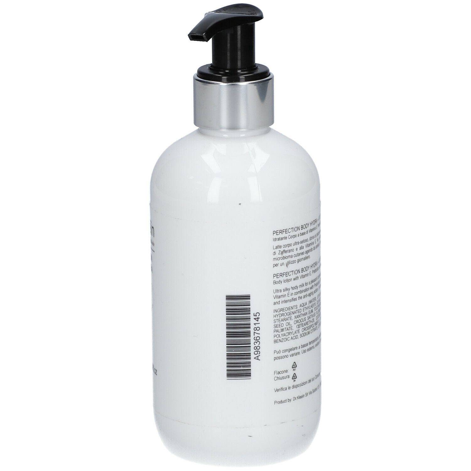 Flacone bianco con erogatore nero. Scritta: Dr. Kleein, PERFECTION BODY HYDRA + Vit E. Retro con testo e codice a barre.