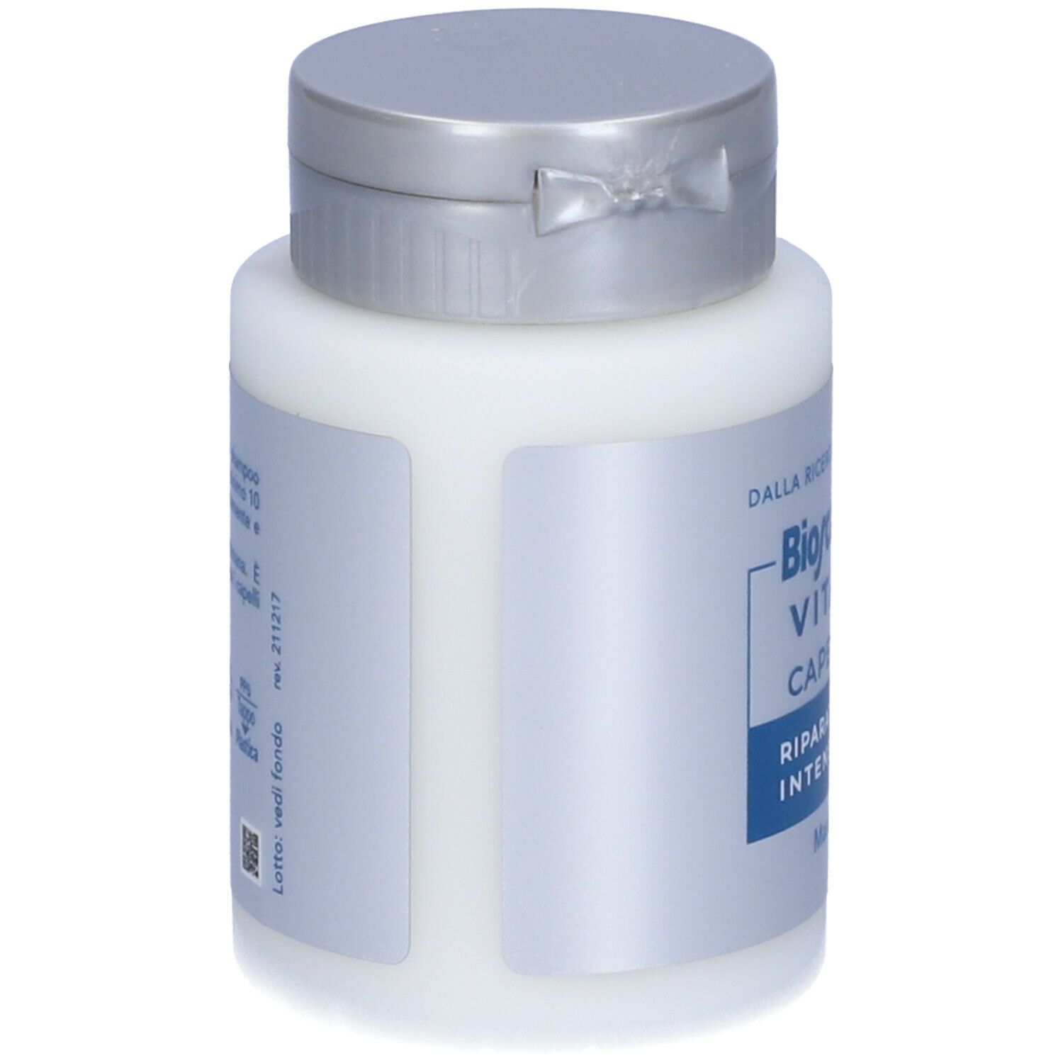 Prodotto bianco con tappo argentato. Etichetta laterale con testo.