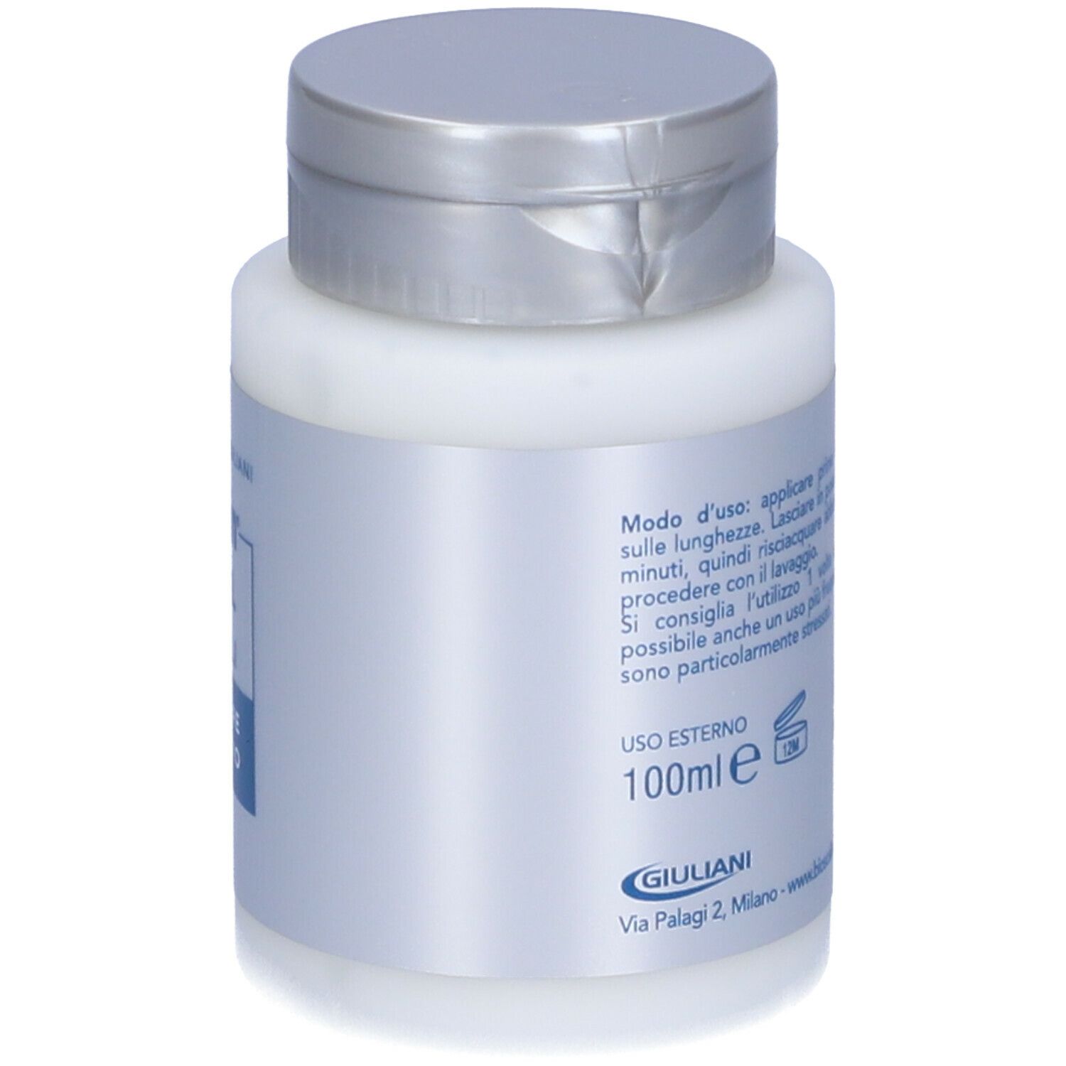 Prodotto bianco con tappo argentato. Retro con testo e indicazione 100ml.