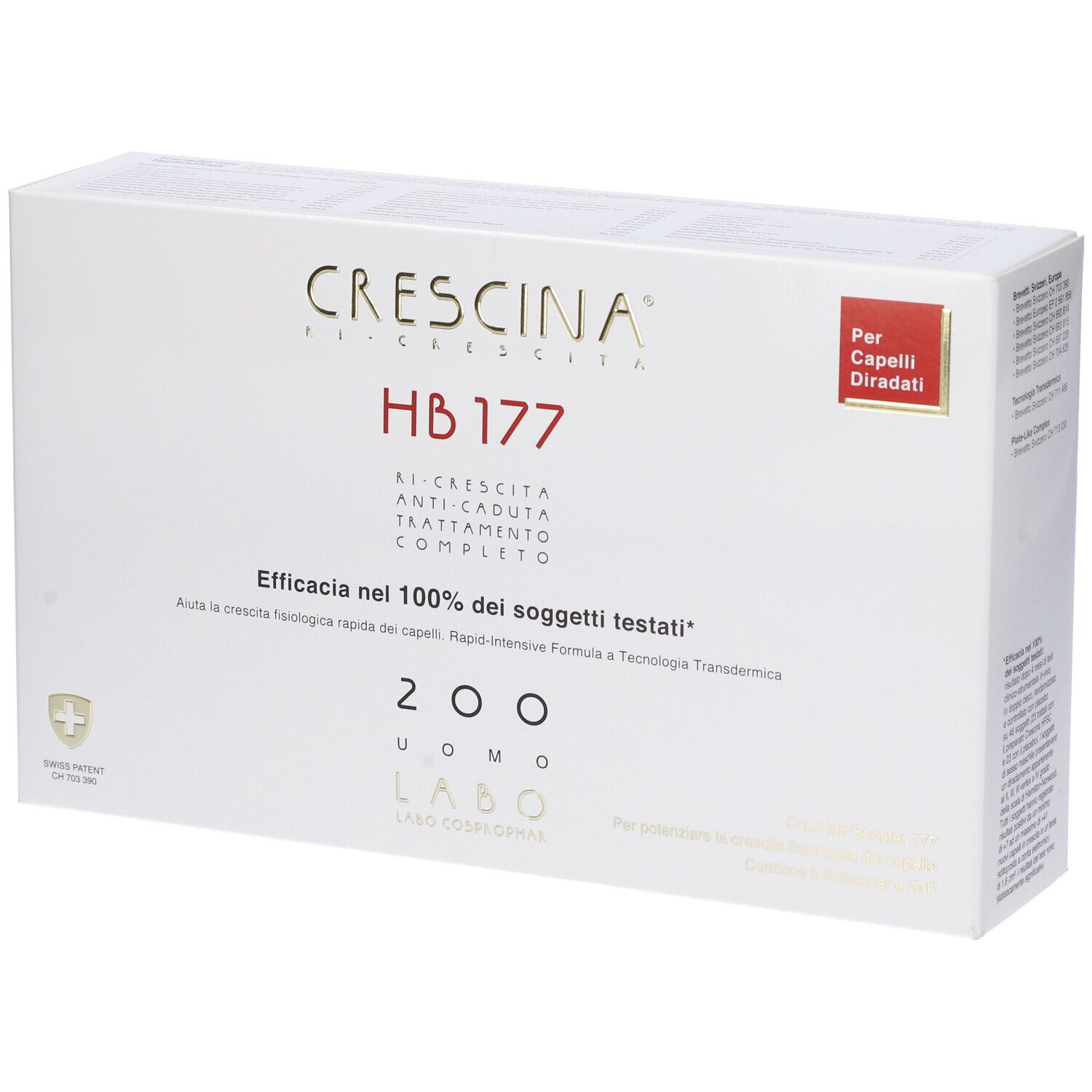 Confezione bianca con nome prodotto e testo. Etichetta rossa. Croce svizzera.