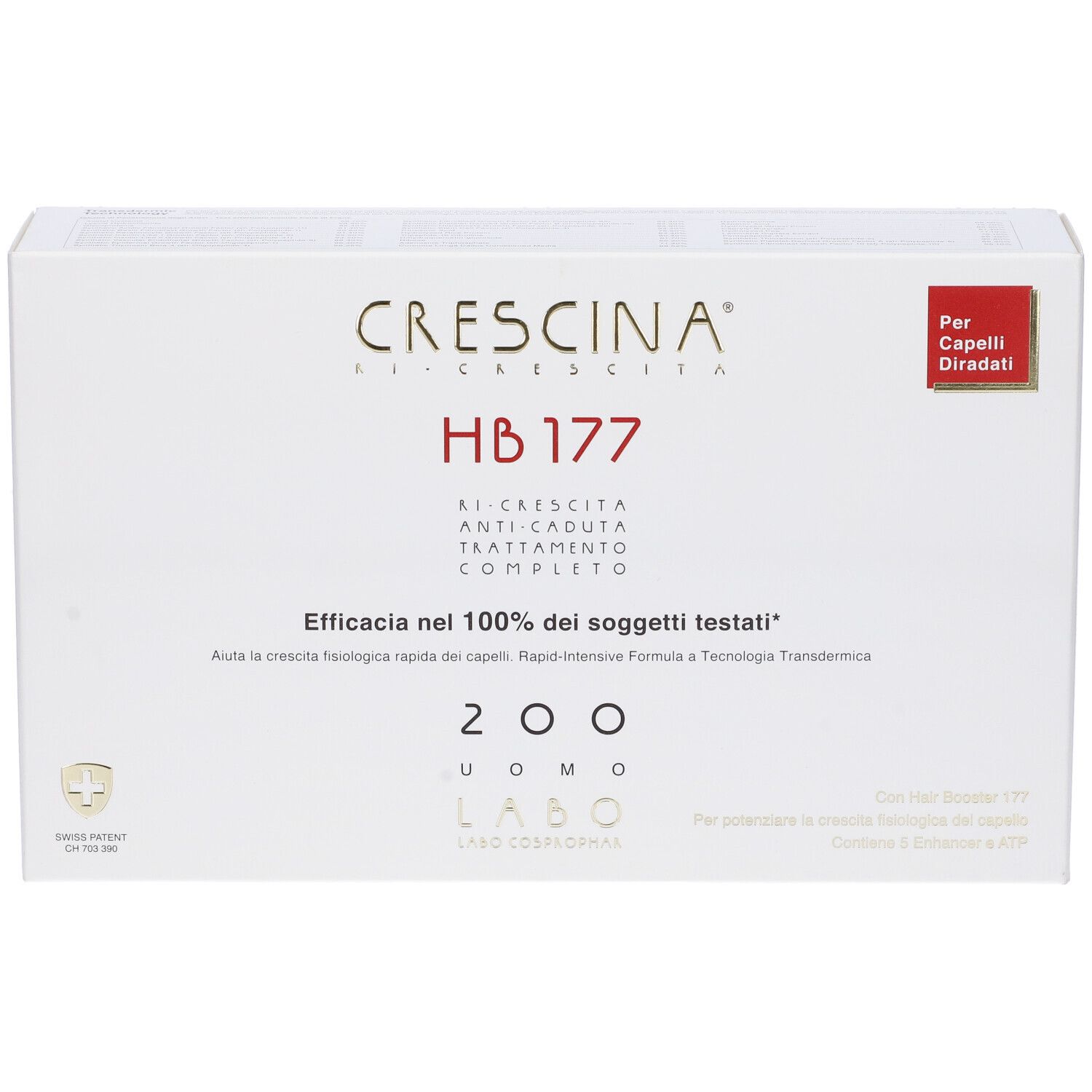 Confezione bianca con nome prodotto e testo. Etichetta rossa. Croce svizzera.