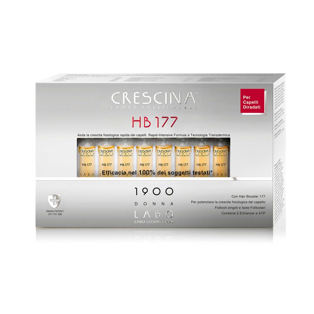 Confezione argento con fiale. Scritte: Crescina HB 177, 1900 Donna, Labo. Scritta rossa: Per Capelli Diradati.