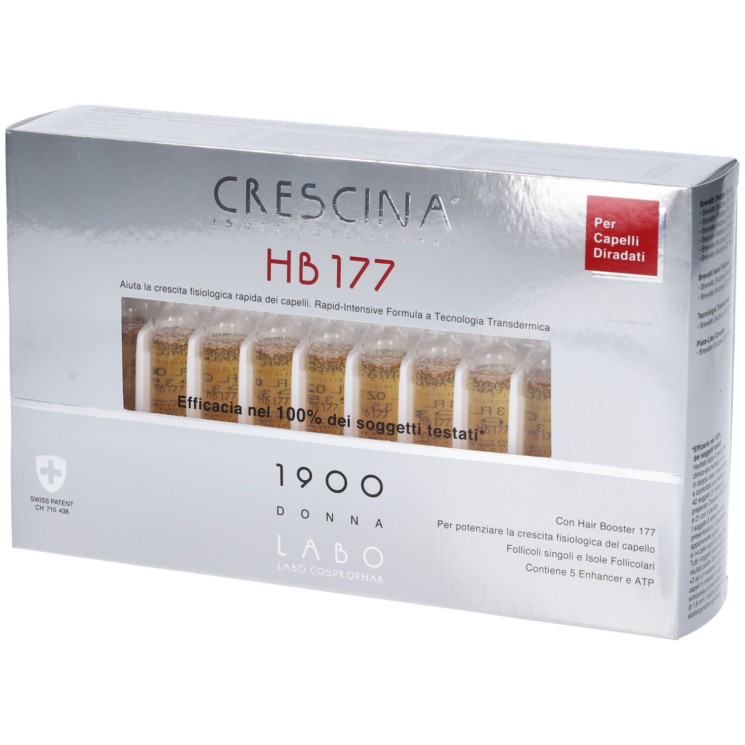 Confezione argento con fiale. Scritte: Crescina HB 177, 1900 Donna, Labo. Scritta rossa: Per Capelli Diradati.