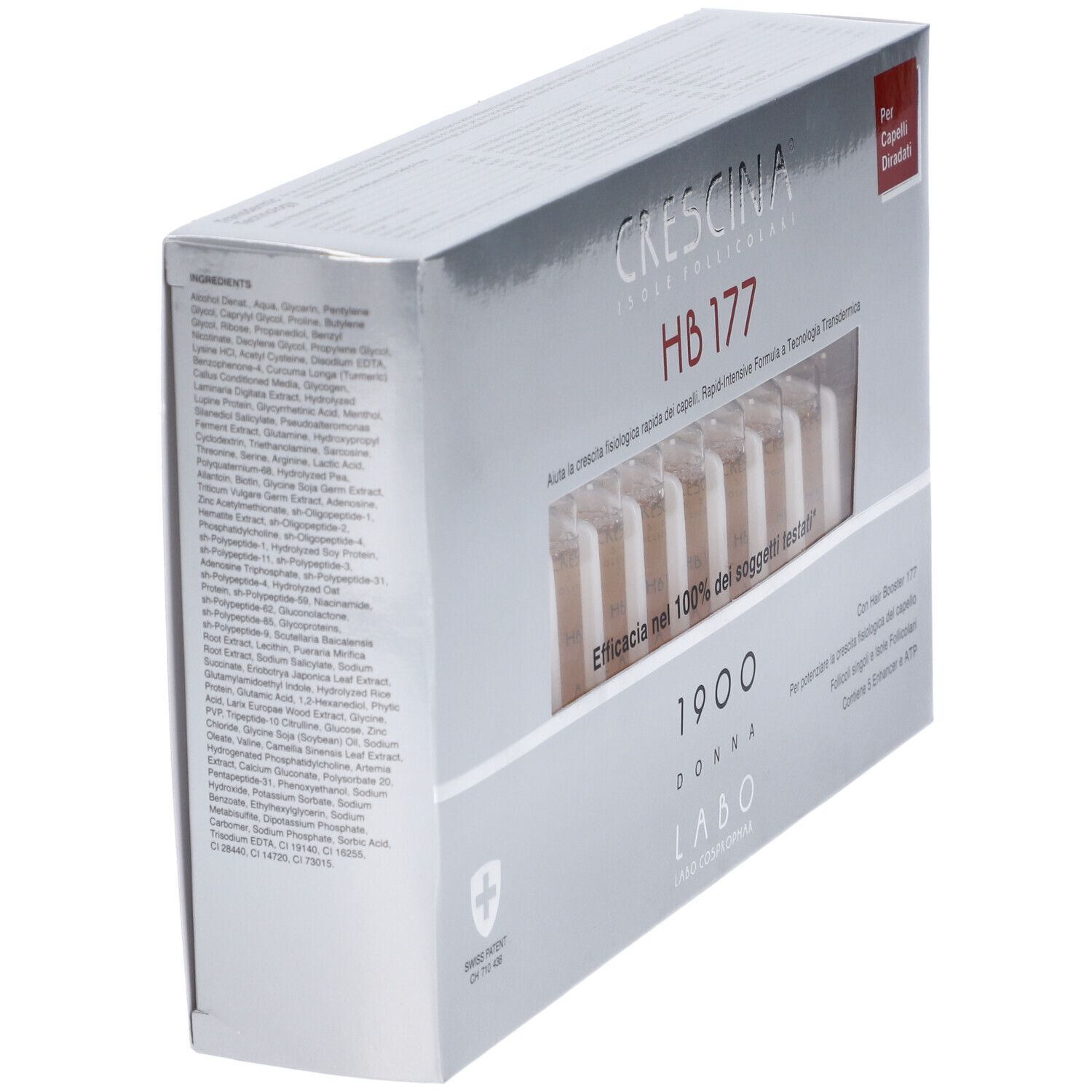 Confezione argento con fiale. Scritte: Crescina HB 177, 1900 Donna, Labo. Scritta rossa: Per Capelli Diradati.