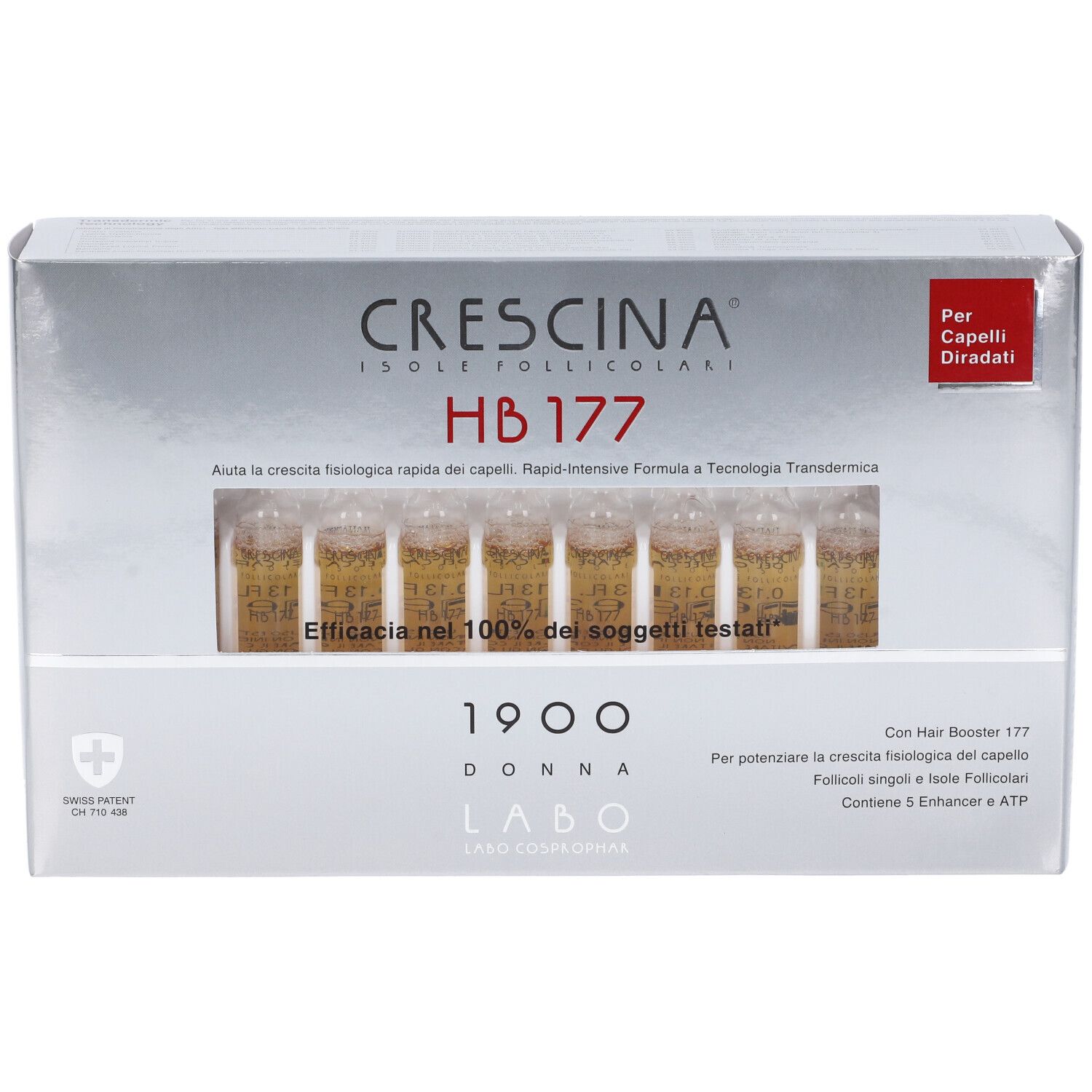 Confezione argento con fiale. Scritte: Crescina HB 177, 1900 Donna, Labo. Scritta rossa: Per Capelli Diradati.
