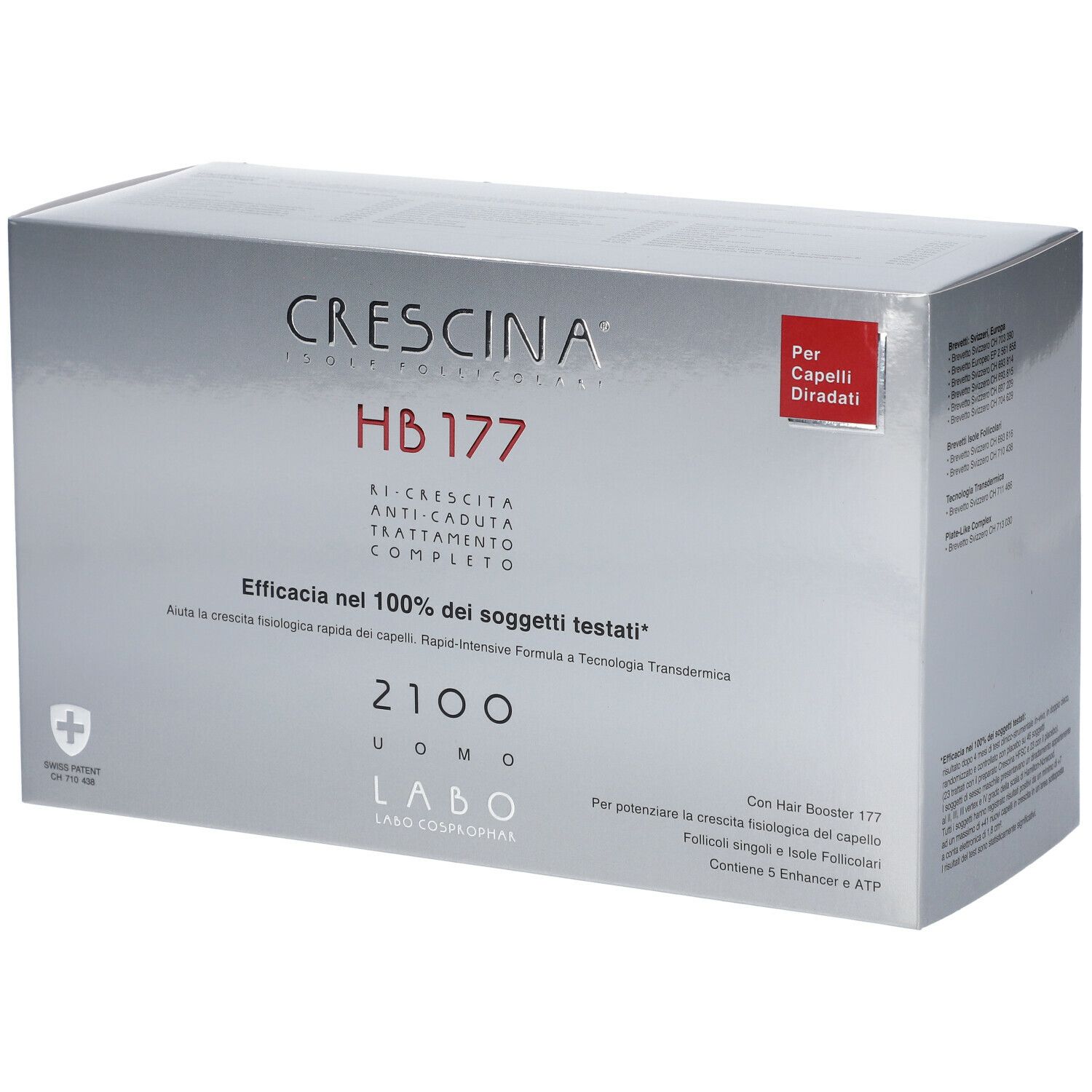Confezione argento CRESCINA HB 177, 2100 Uomo. Testo italiano. Per capelli diradati. Logo svizzero.