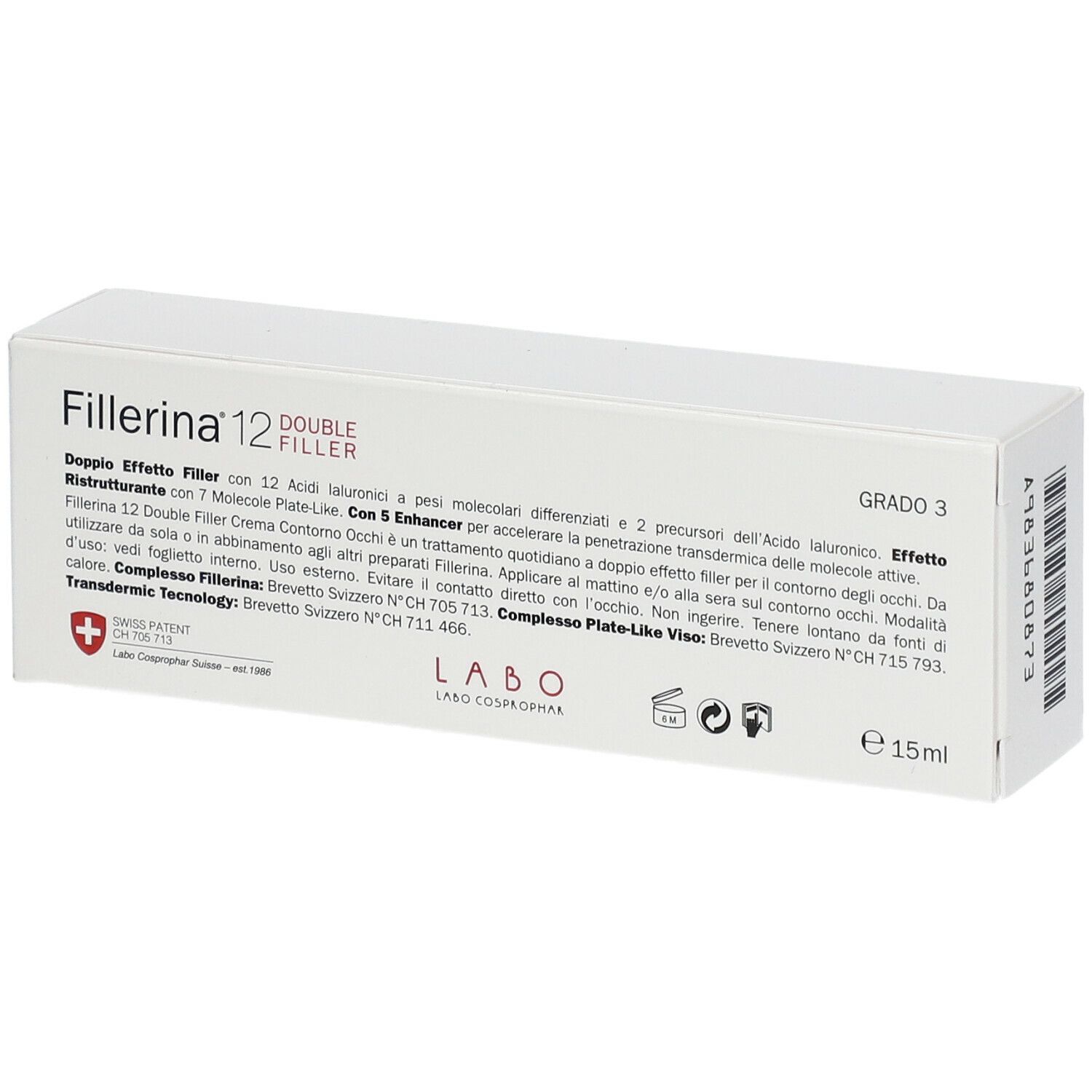 Scatola bianca con testo e loghi. Contiene informazioni su Fillerina 12 Double Filler Crema Contorno Occhi Grado 3. Swiss Patent.