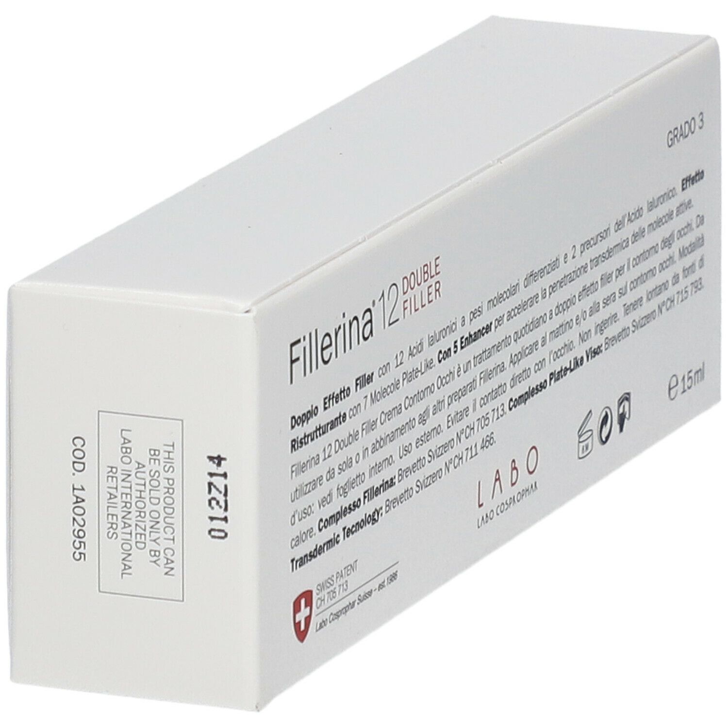 Scatola bianca con testo e loghi. Contiene informazioni su Fillerina 12 Double Filler Crema Contorno Occhi Grado 3. Swiss Patent.