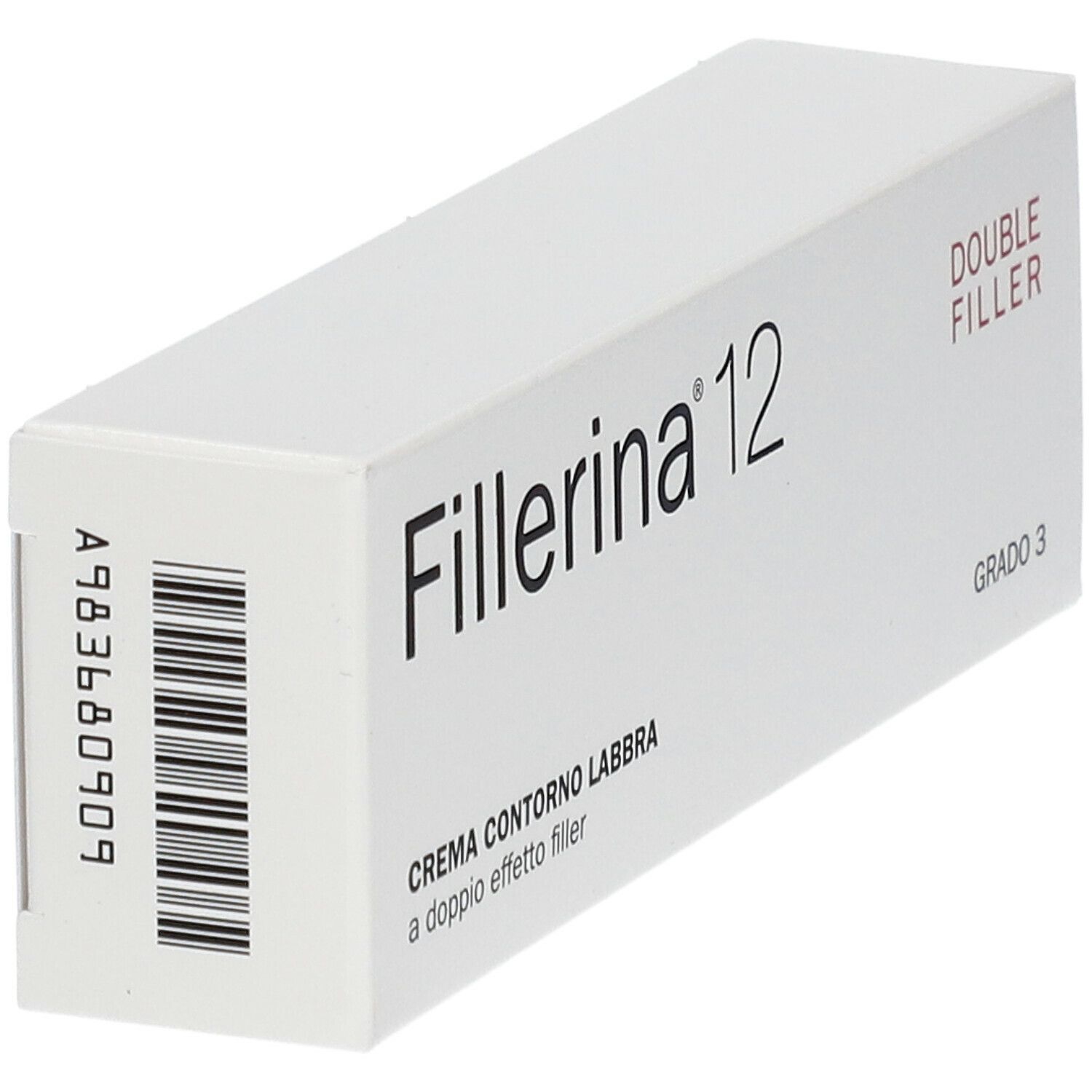 Scatola bianca con "Fillerina 12" e codice a barre. Visibili anche "CREMA CONTORNO LABBRA" e "Grado 3".