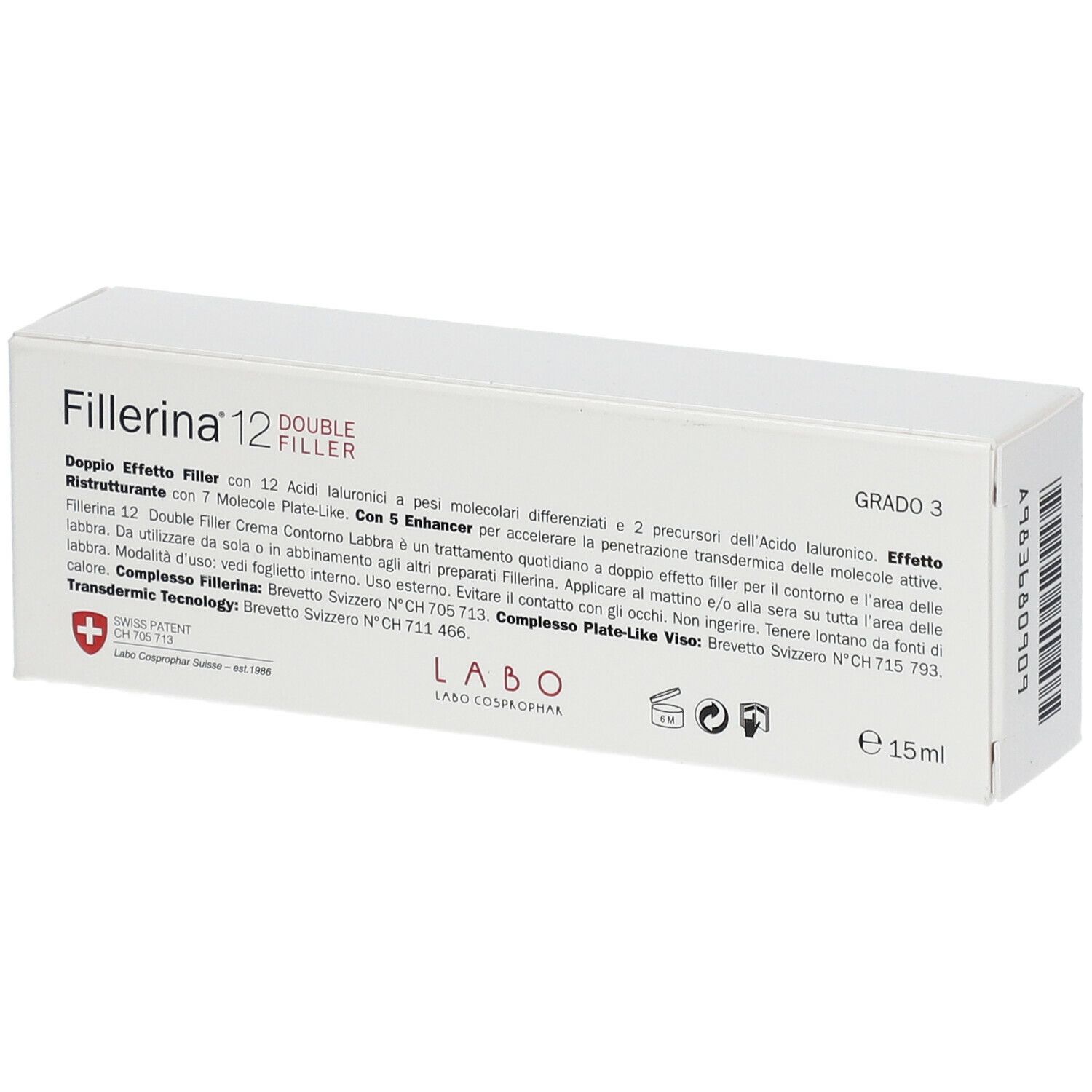 Scatola bianca con testo, tra cui "Fillerina 12 DOUBLE FILLER" e "Grado 3". Visibili anche piccoli simboli e testo.