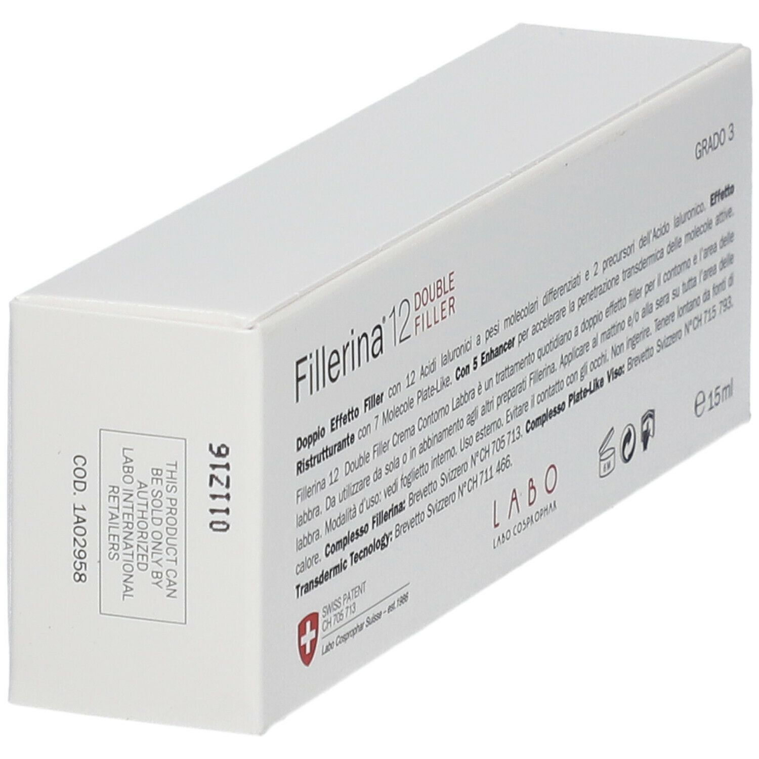 Scatola bianca con testo, tra cui "Fillerina 12 DOUBLE FILLER" e "Grado 3". Visibili anche piccoli simboli e testo.