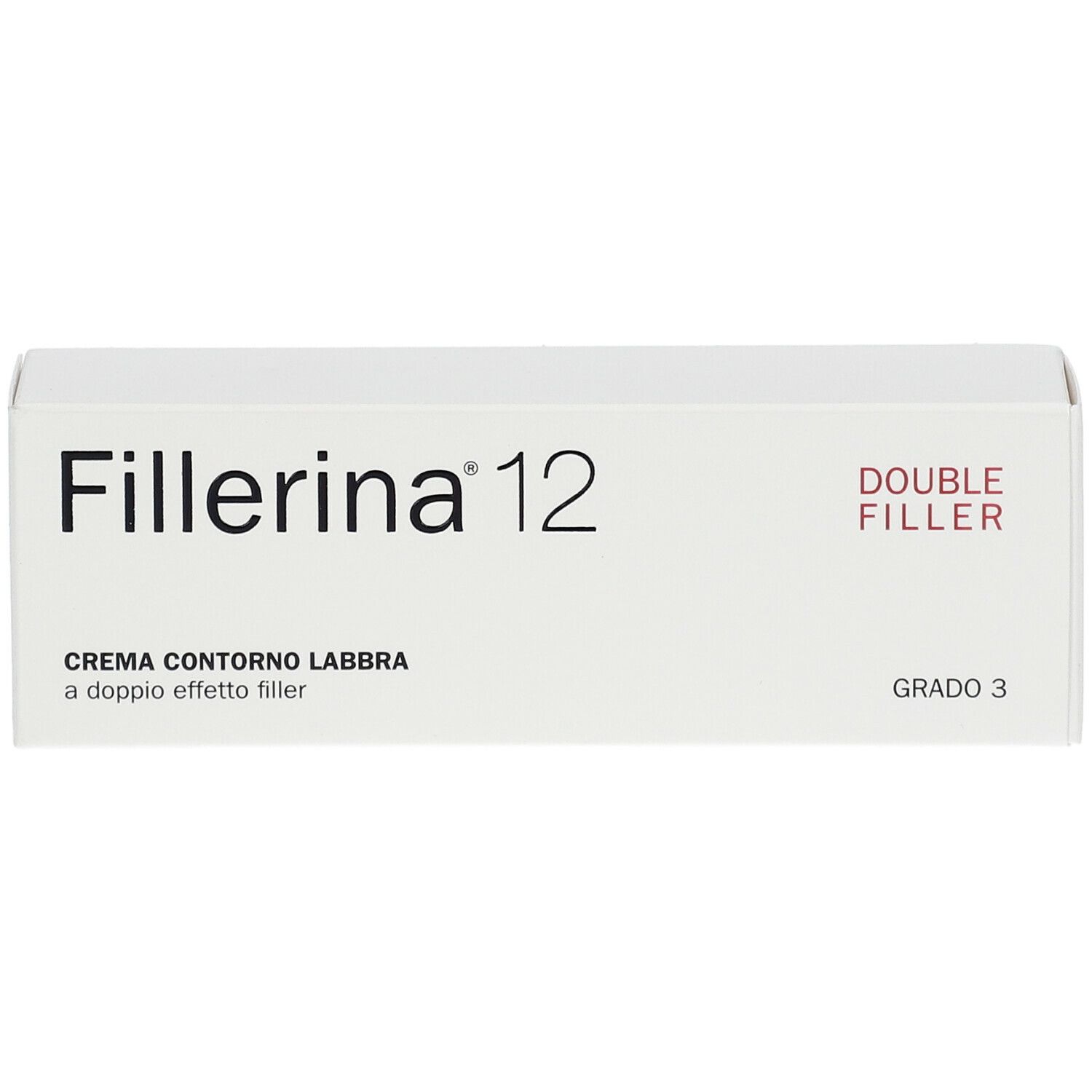 Scatola bianca con scritta "Fillerina 12" e "CREMA CONTORNO LABBRA". Visibili anche "Grado 3" e "DOUBLE FILLER".