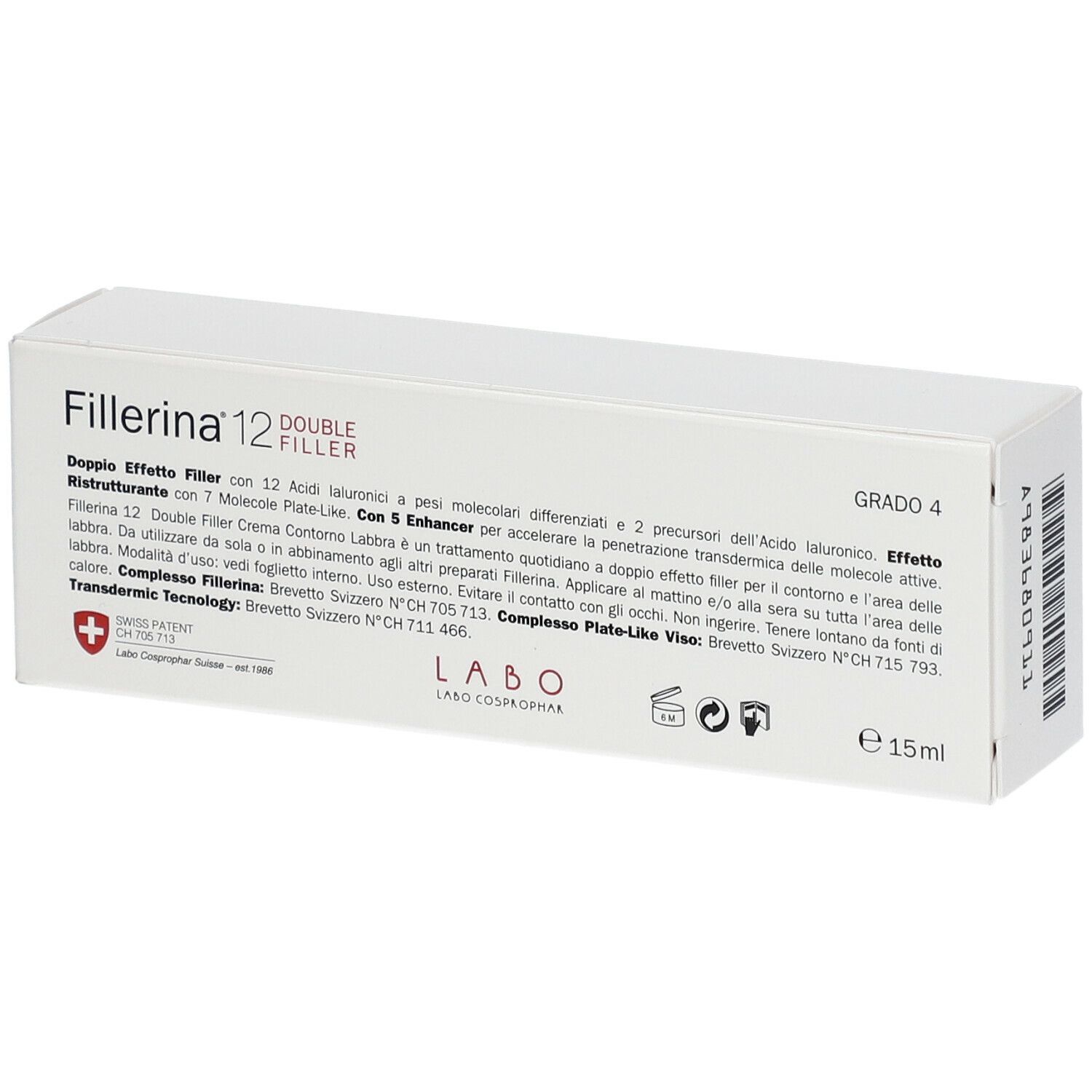 Scatola bianca con informazioni prodotto, ingredienti e logo. Contiene 15ml. Brevetto svizzero.
