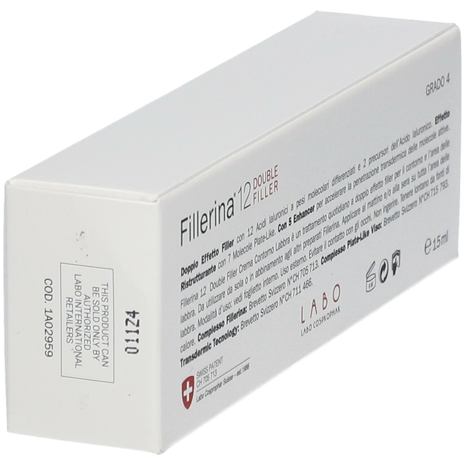 Scatola bianca con informazioni prodotto e logo. Contiene 15ml. Brevetto svizzero.