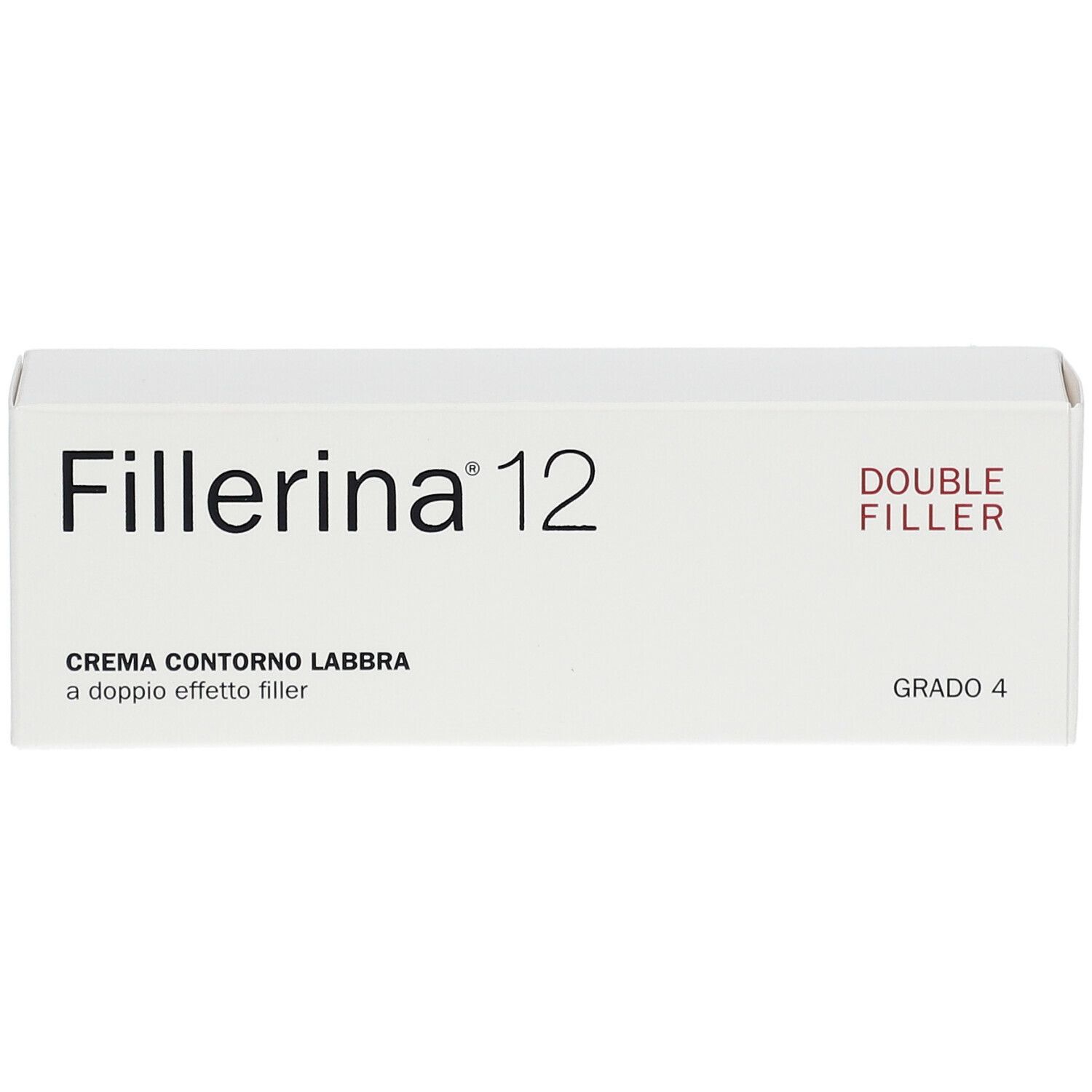 Scatola bianca con nome prodotto Fillerina 12 e dicitura Crema Contorno Labbra. Grado 4.