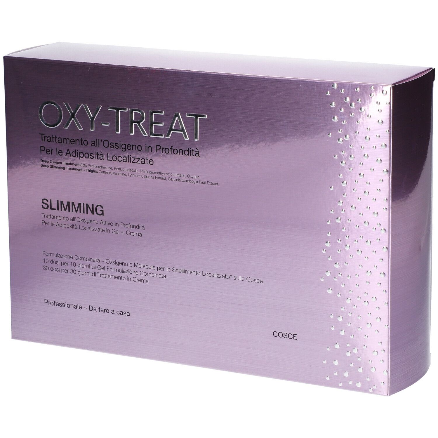 Scatola viola con testo OXY-TREAT, SLIMMING. Trattamento per adiposità localizzate. Professionale - Da fare a casa.
