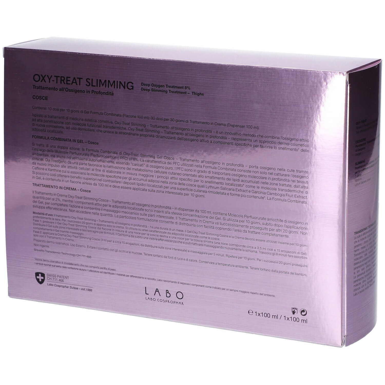 Retro della scatola viola. Testo: OXY-TREAT SLIMMING. Trattamento per adiposità localizzate. Ingredienti, utilizzo.