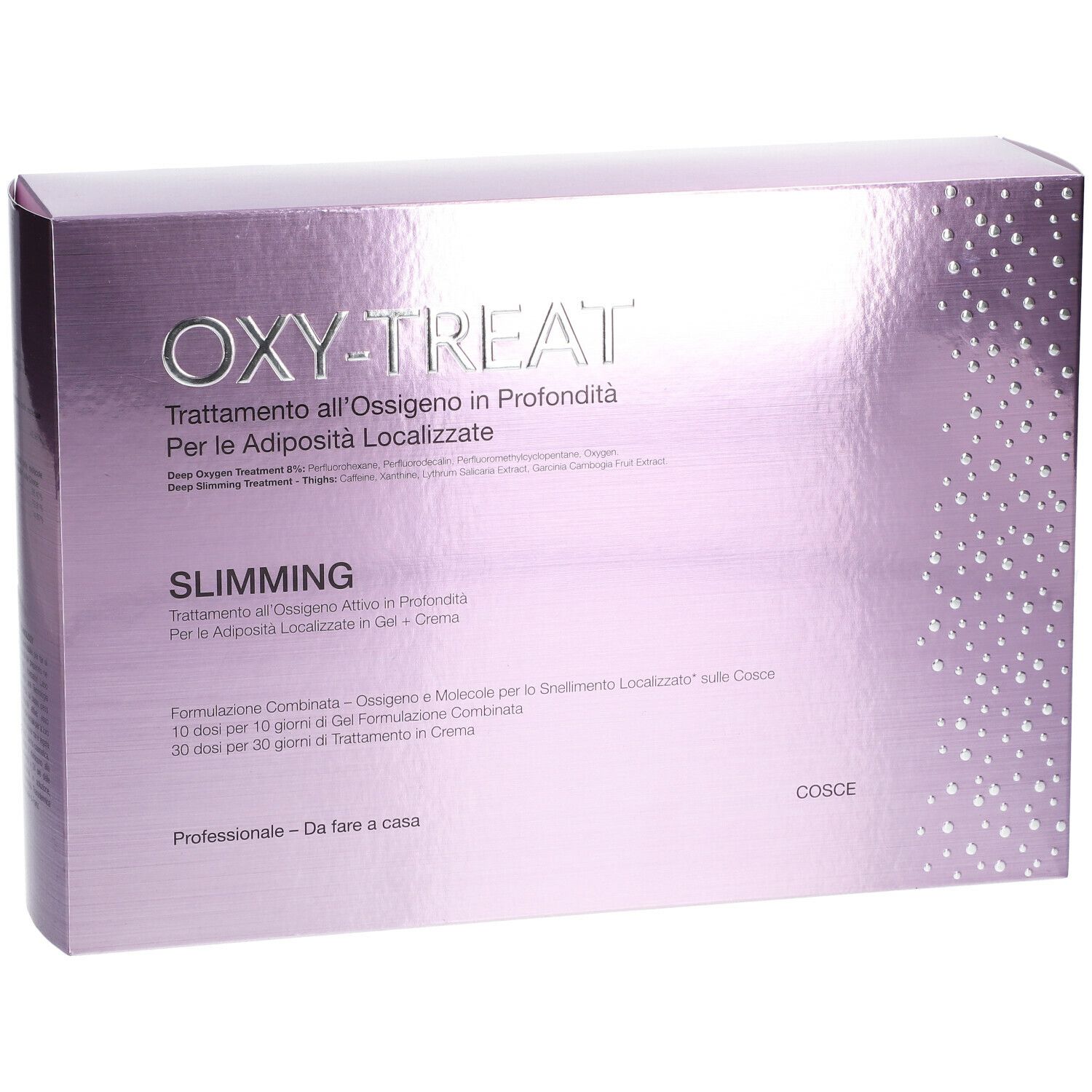Scatola viola con testo OXY-TREAT, SLIMMING. Trattamento per adiposità localizzate. Professionale - Da fare a casa.