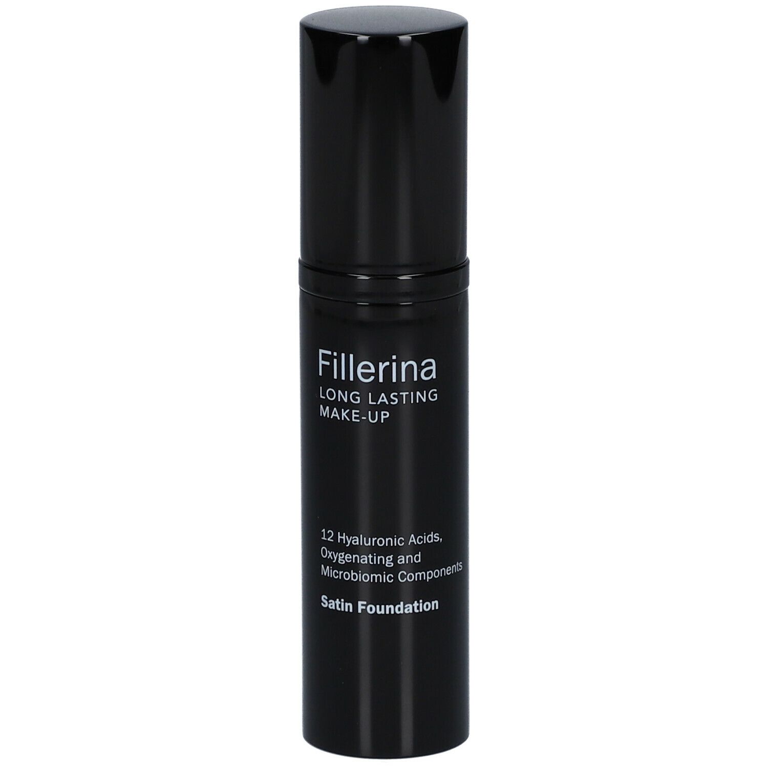 Flacone nero con tappo. Scritta: Fillerina Long Lasting Make-Up, Satin Foundation. Contiene 12 acidi ialuronici.