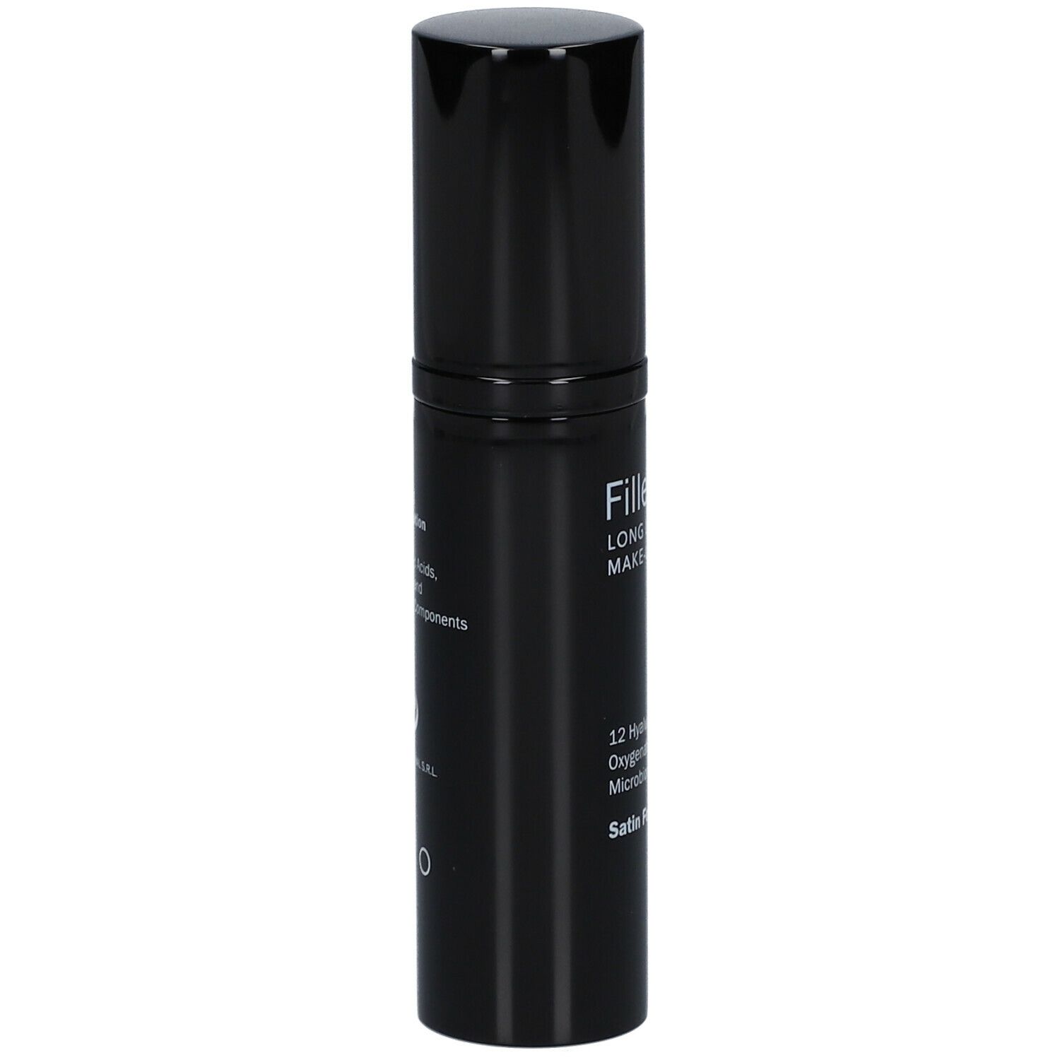 Flacone nero con tappo. Scritta: Fillerina Long Lasting Make-Up, Satin Foundation. Contiene 12 acidi ialuronici.