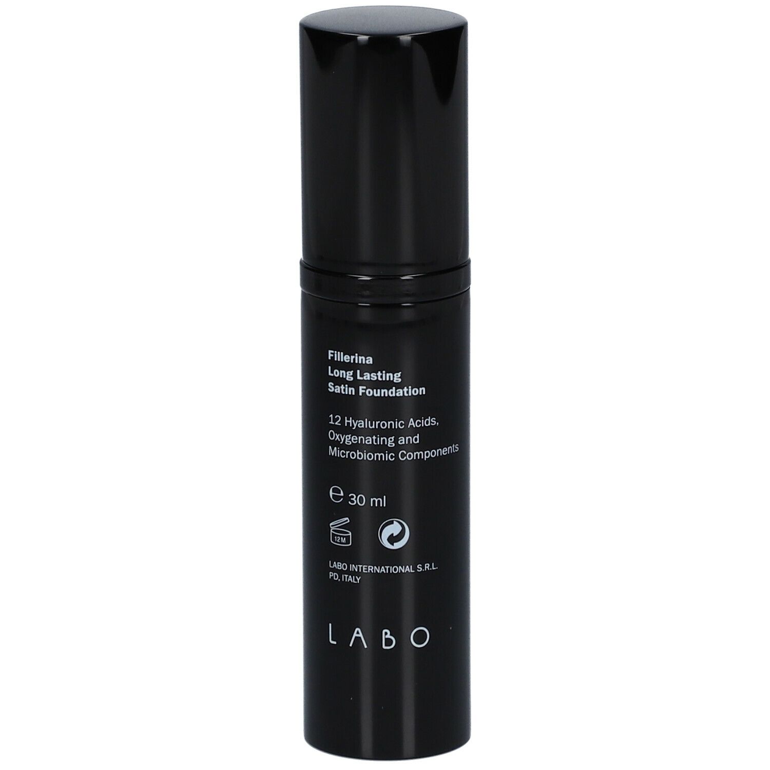 Flacone nero con tappo. Scritta: Fillerina Long Lasting Satin Foundation, 30 ml. Contiene 12 acidi ialuronici.