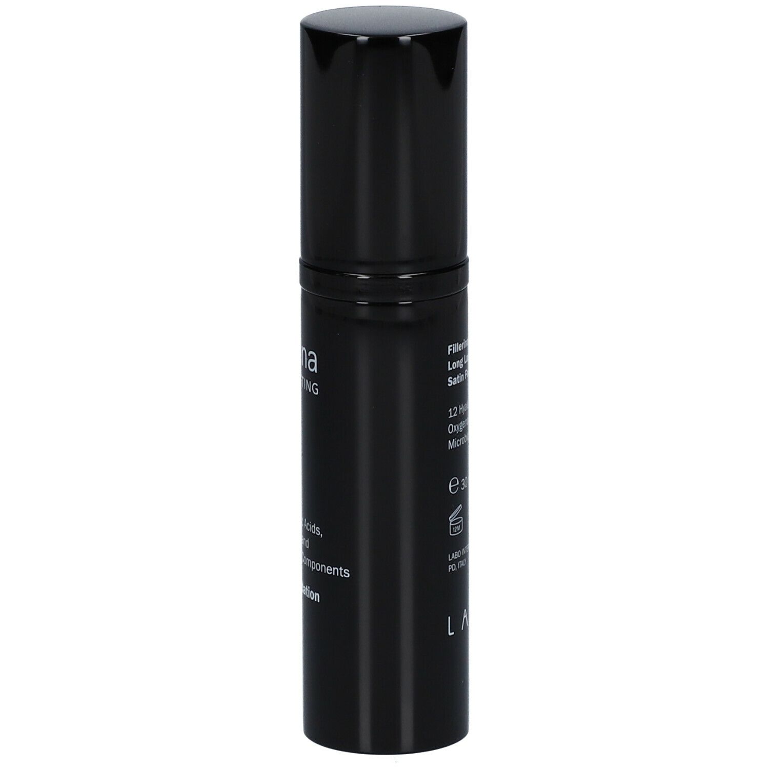 Flacone nero con tappo. Scritta: Fillerina Long Lasting Satin Foundation. Contiene 12 acidi ialuronici.