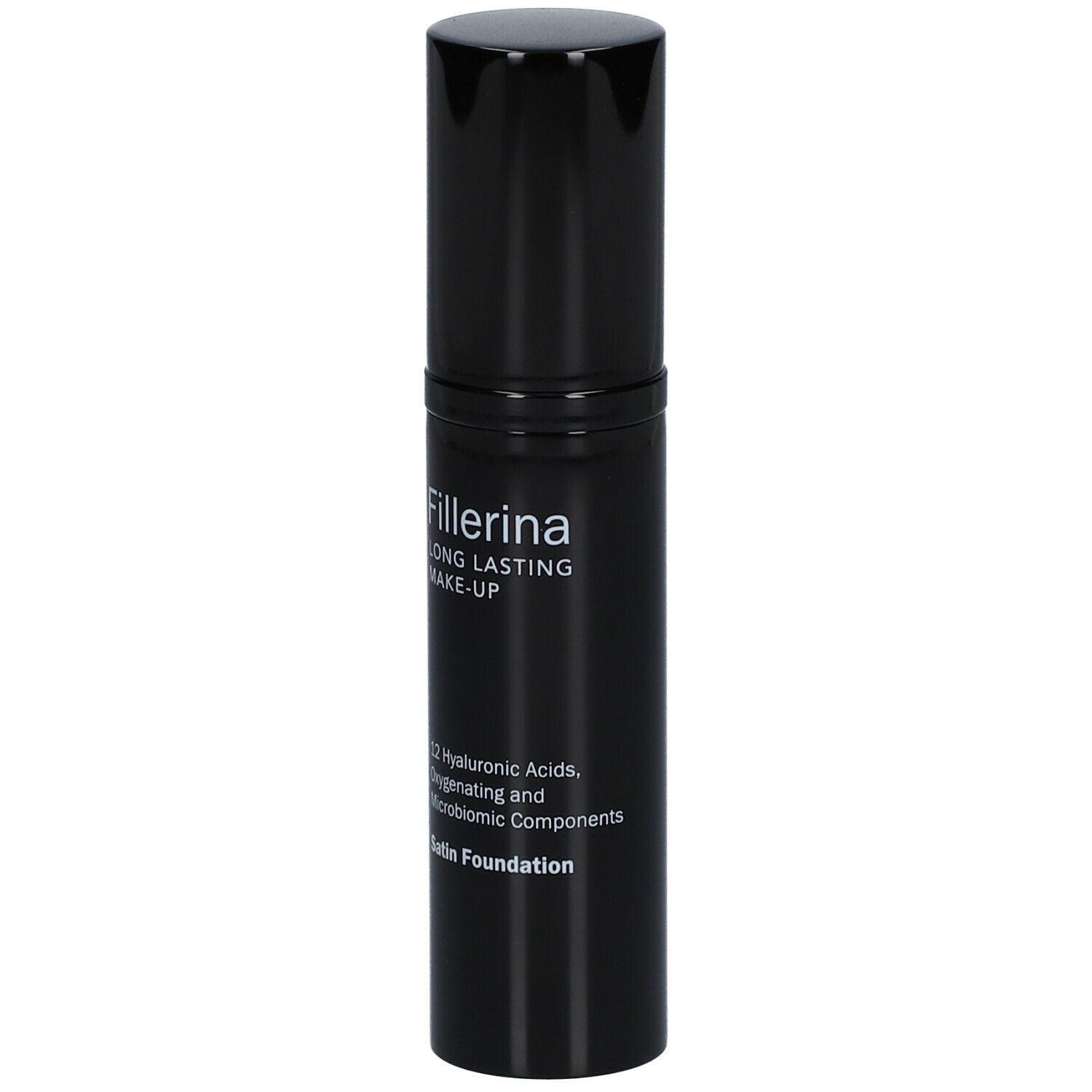Flacone nero con tappo. Scritta: Fillerina Long Lasting Make-Up, Satin Foundation. Contiene 12 acidi ialuronici.