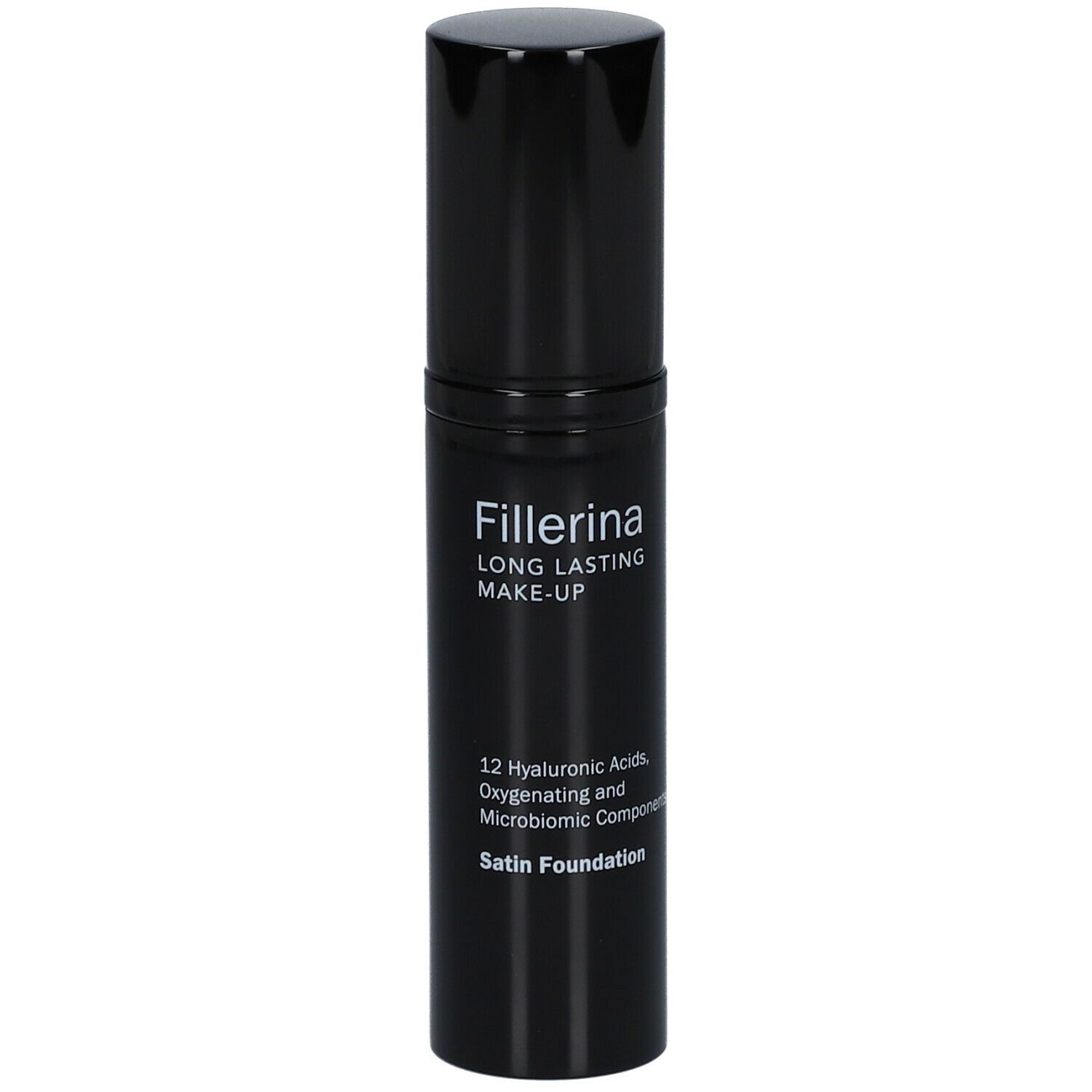 Flacone nero con tappo. Scritta: Fillerina Long Lasting Make-Up, Satin Foundation. Contiene 12 acidi ialuronici.