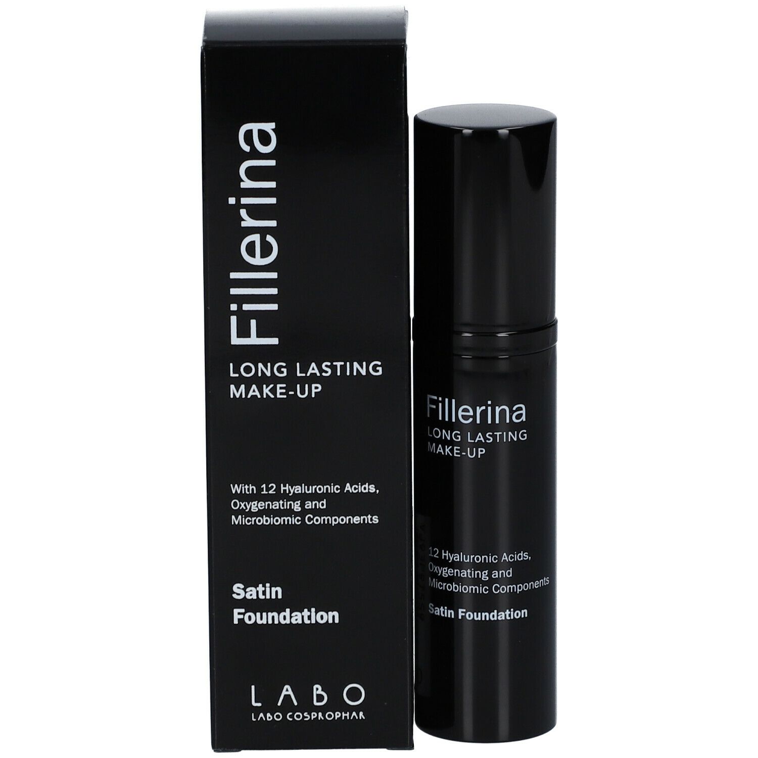 Confezione e flacone neri. Scritta: Fillerina Long Lasting Make-Up, Satin Foundation. Contiene 12 acidi ialuronici.