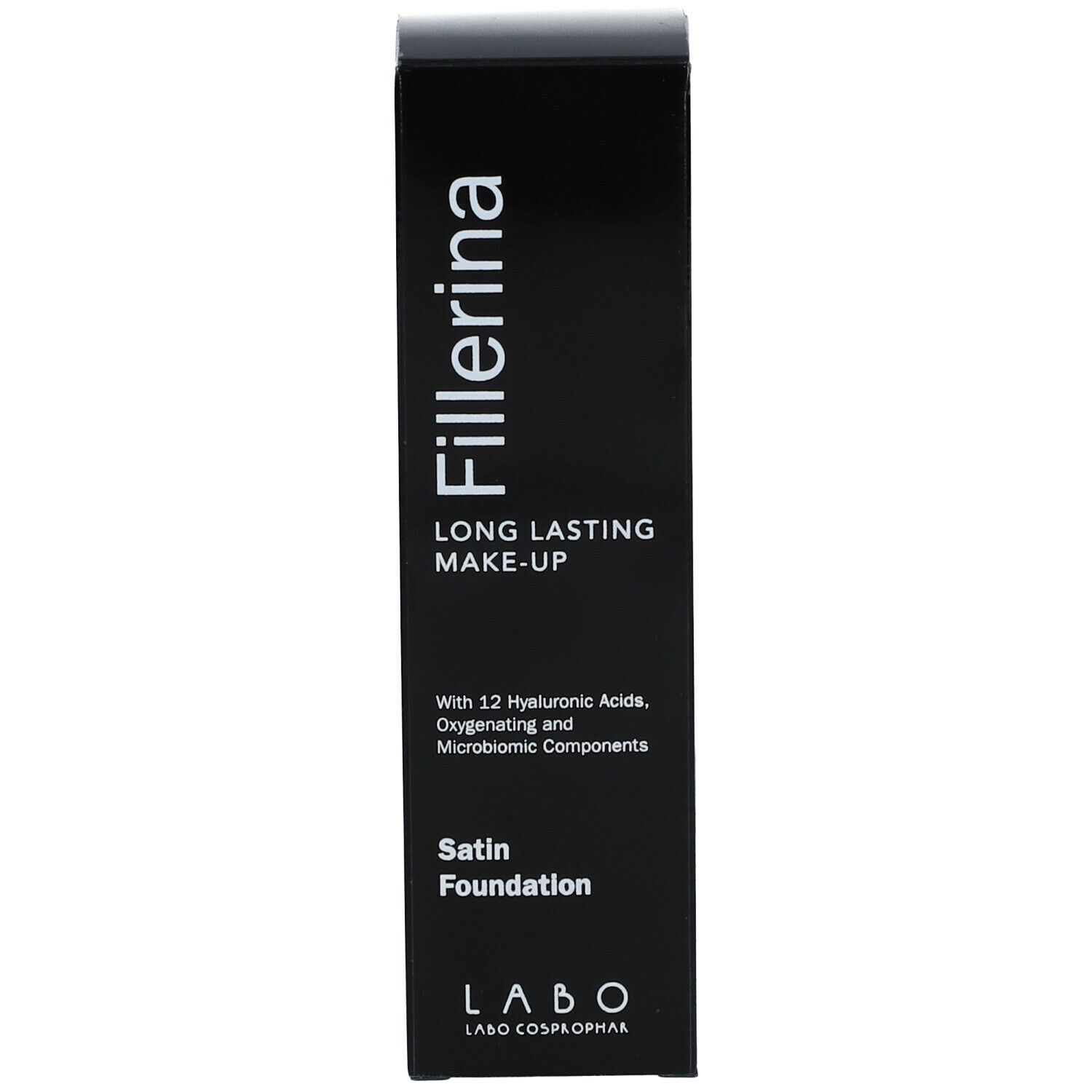 Confezione nera. Scritta: Fillerina Long Lasting Make-Up, Satin Foundation. Contiene 12 acidi ialuronici.