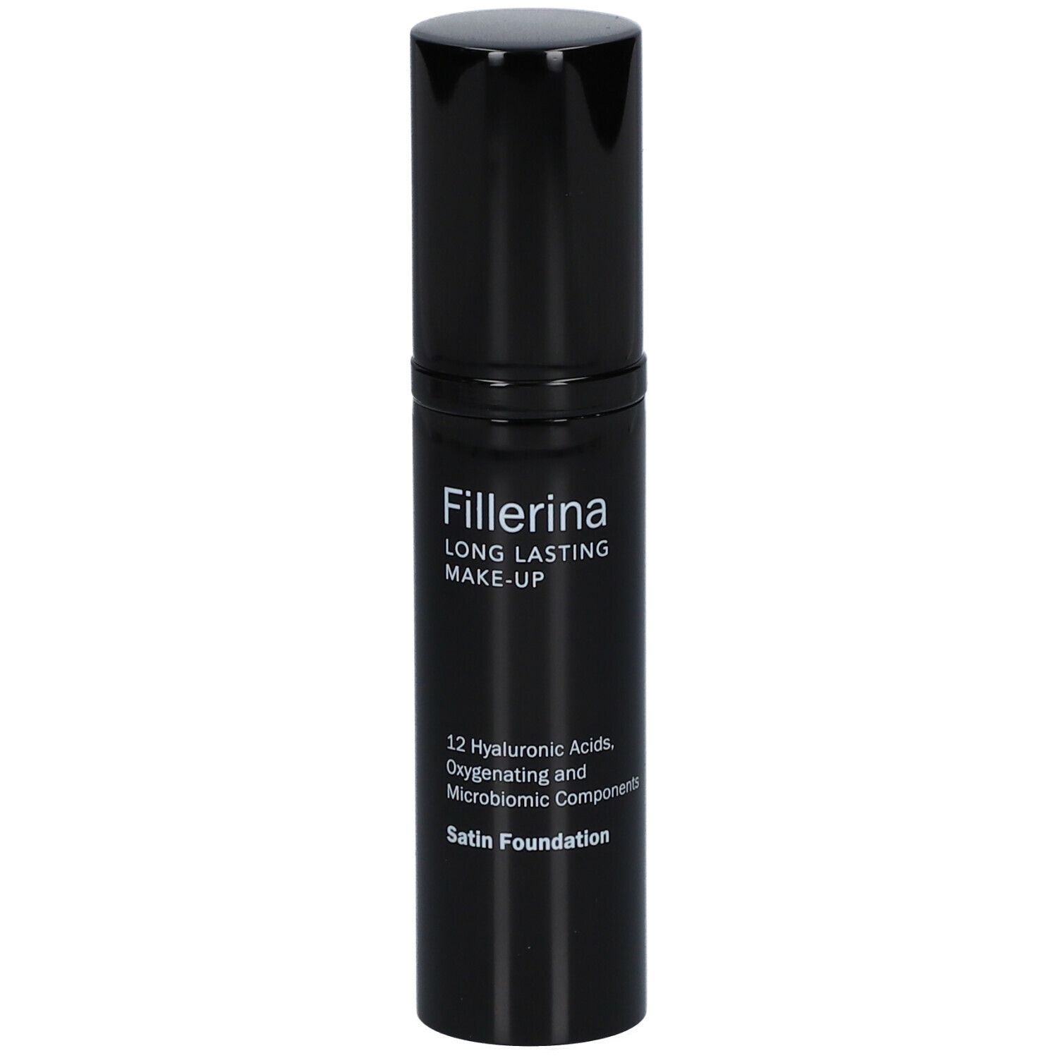 Flacone nero con scritta Fillerina Long Lasting Make-up. Contiene 12 acidi ialuronici, ossigenanti e componenti microbiomici.