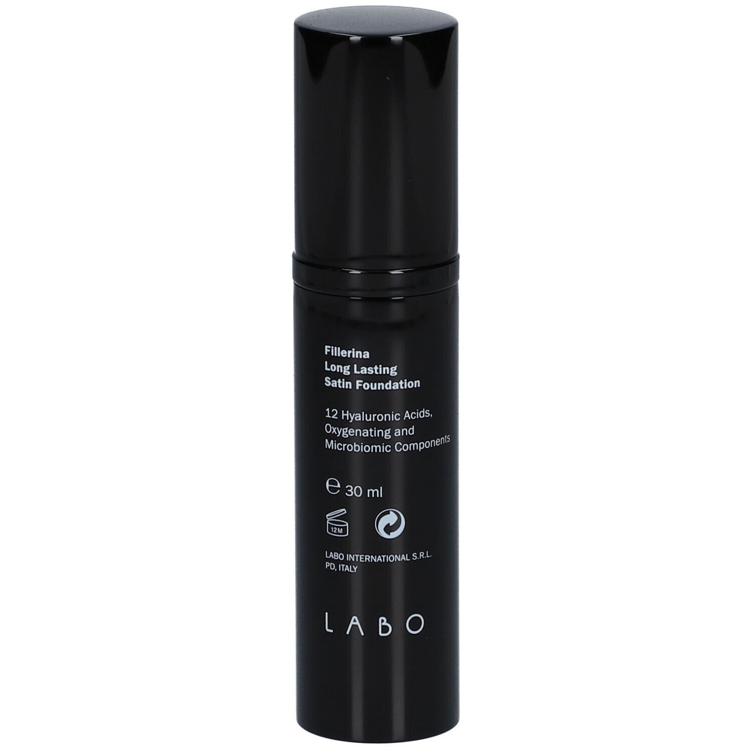 Flacone nero con scritta Fillerina Long Lasting Make-up. Contiene 12 acidi ialuronici, ossigenanti e componenti microbiomici.