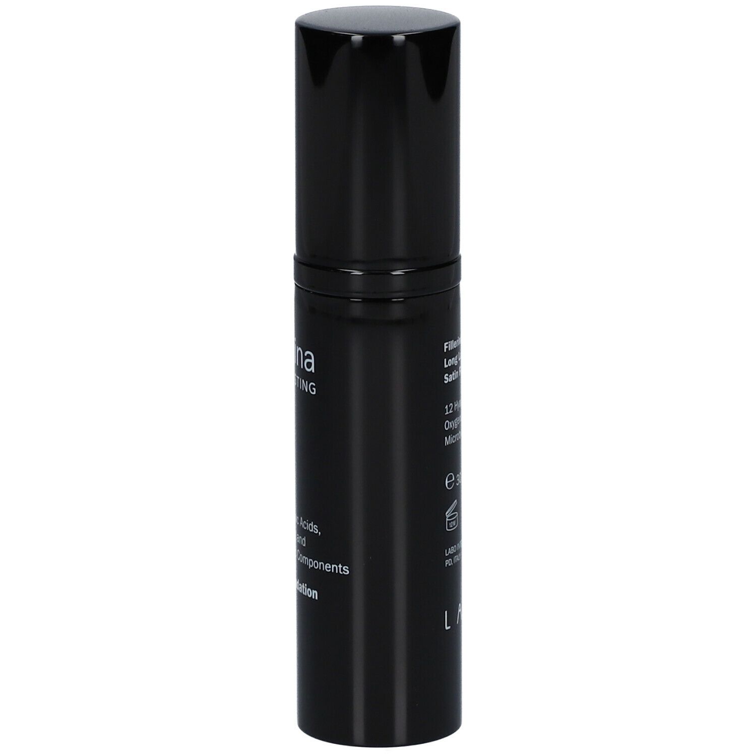 Flacone nero con scritta Fillerina Long Lasting Make-up. Contiene 12 acidi ialuronici, ossigenanti e componenti microbiomici.