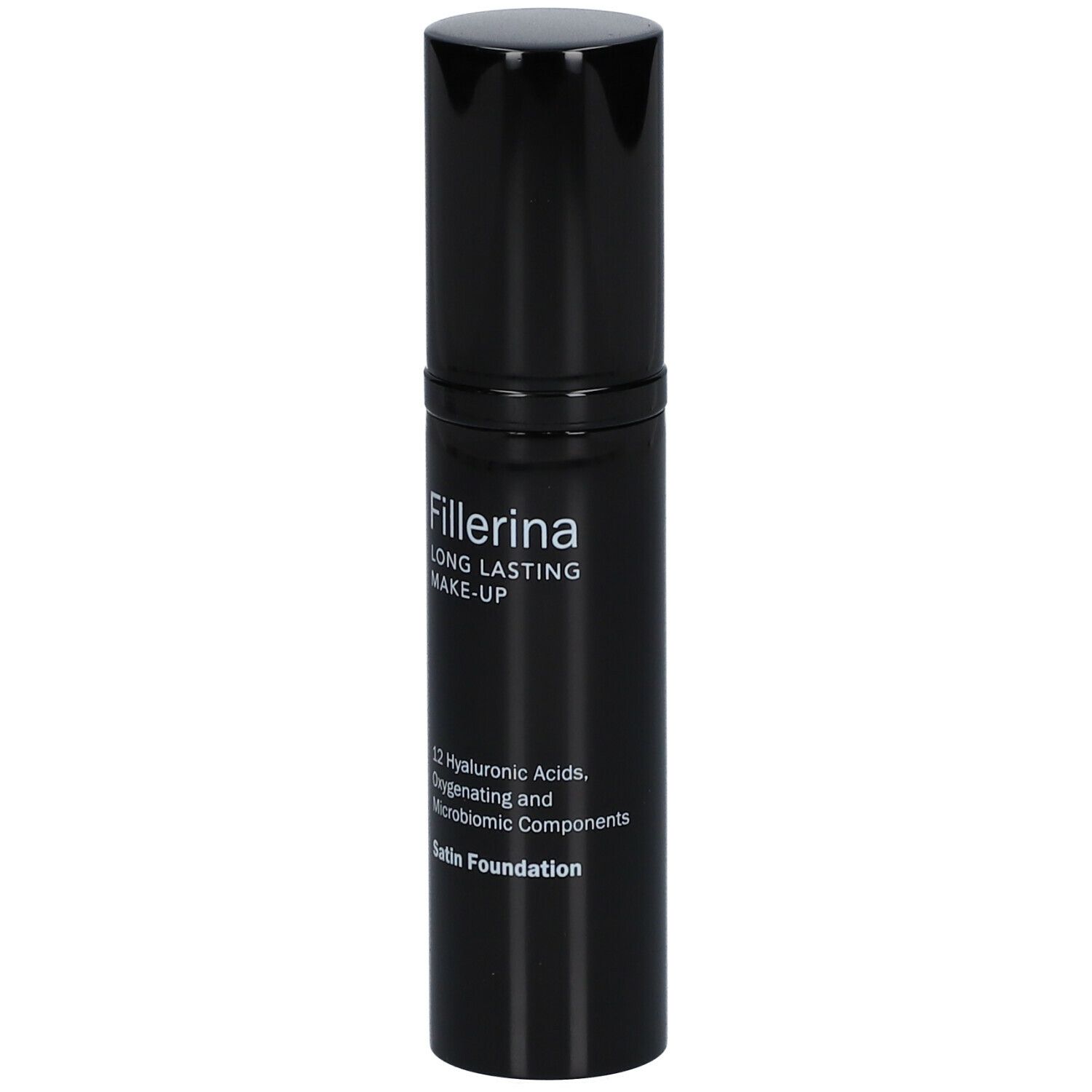 Flacone nero con scritta Fillerina Long Lasting Make-up. Contiene 12 acidi ialuronici, ossigenanti e componenti microbiomici.