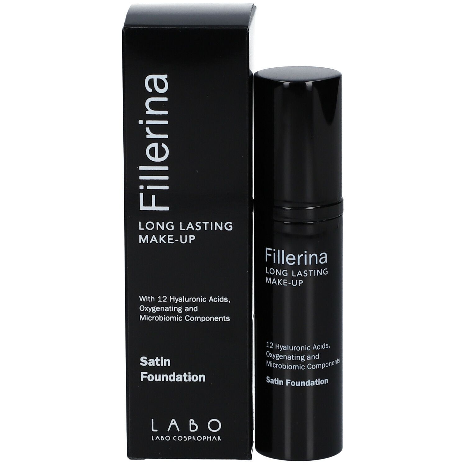Scatola e flacone neri con scritta Fillerina Long Lasting Make-up. Contiene 12 acidi ialuronici, ossigenanti e componenti microbiomici.