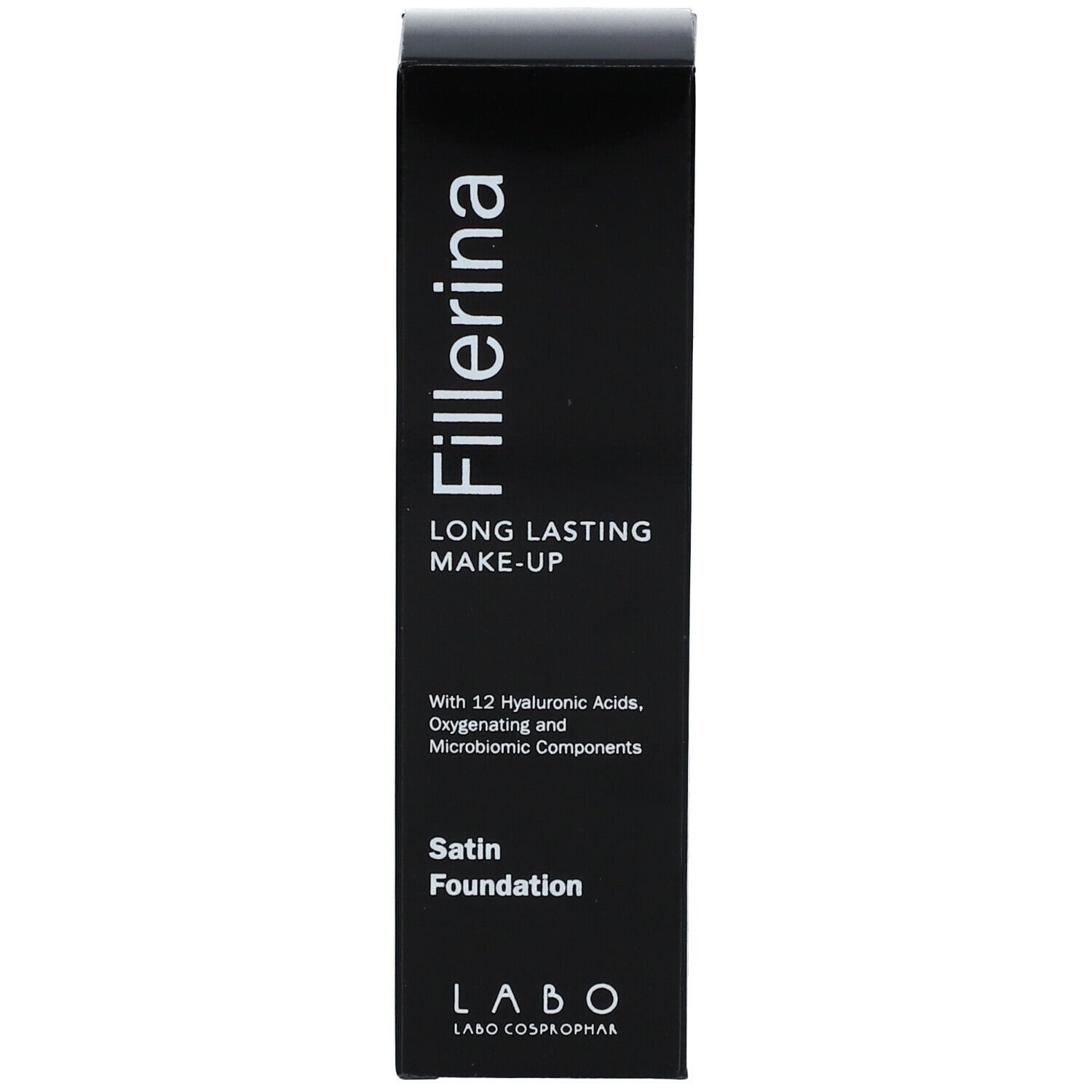Scatola nera con scritta Fillerina Long Lasting Make-up. Contiene 12 acidi ialuronici, ossigenanti e componenti microbiomici.