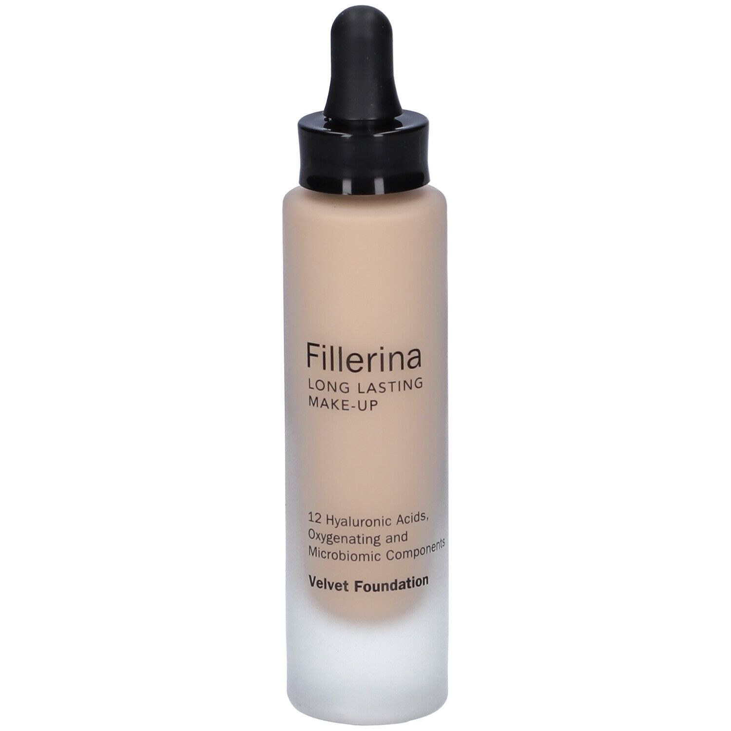 Flacone di fondotinta con applicatore. Scritta: Fillerina Long Lasting Make-Up Velvet Foundation. Tonalità. 12 Acidi Ialuronici.