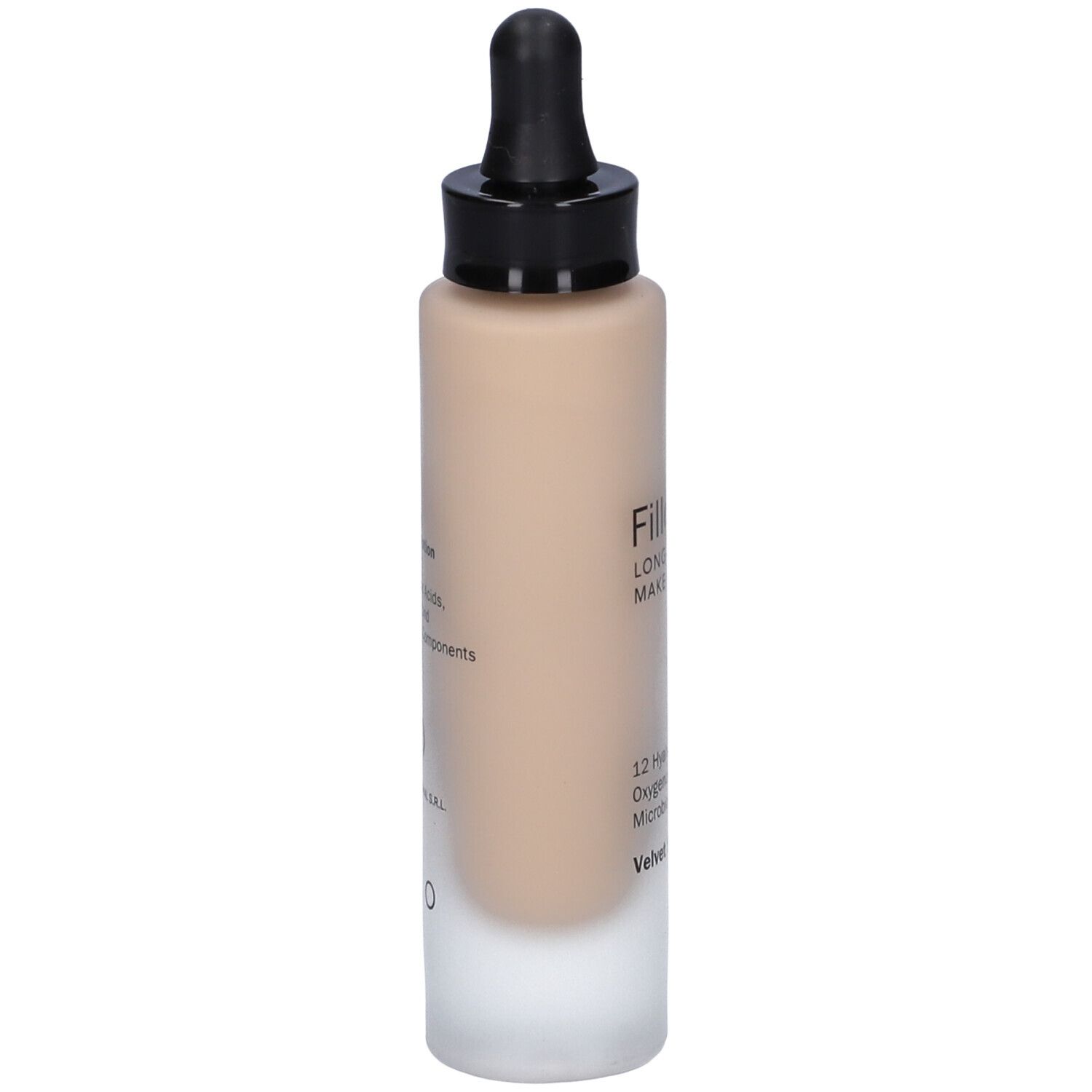Flacone di fondotinta con applicatore. Scritta: Fillerina Long Lasting Make-Up Velvet Foundation. Tonalità. 12 Acidi Ialuronici.