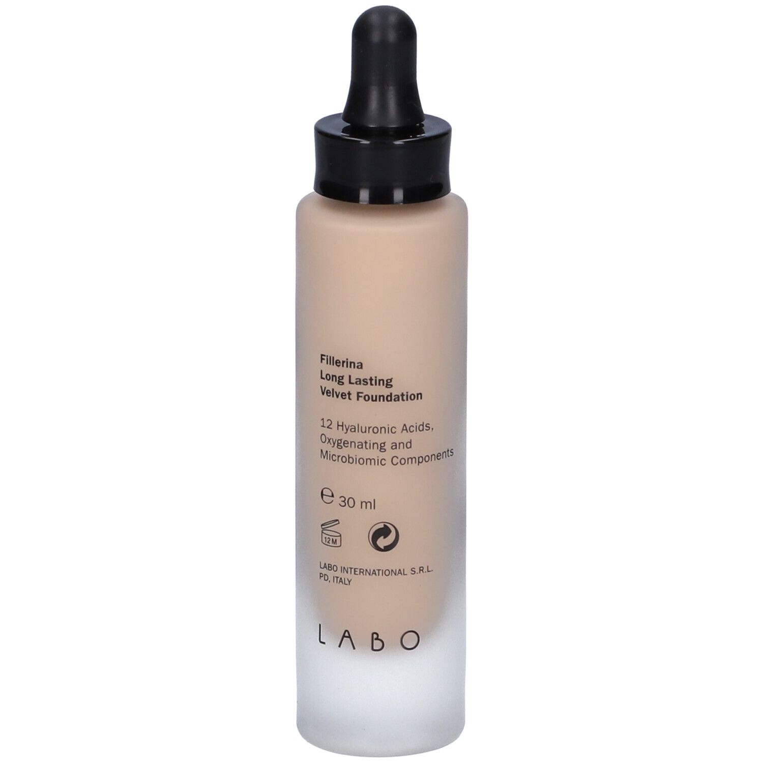 Flacone di fondotinta con applicatore. Scritta: Fillerina Long Lasting Make-Up Velvet Foundation. Tonalità. 12 Acidi Ialuronici. 30 ml.