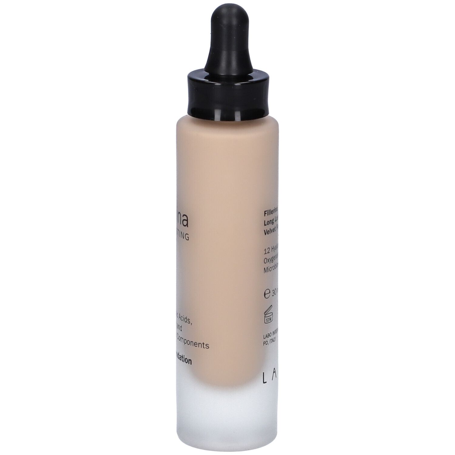 Flacone di fondotinta con applicatore. Scritta: Fillerina Long Lasting Make-Up Velvet Foundation. Tonalità. 12 Acidi Ialuronici. 30 ml.