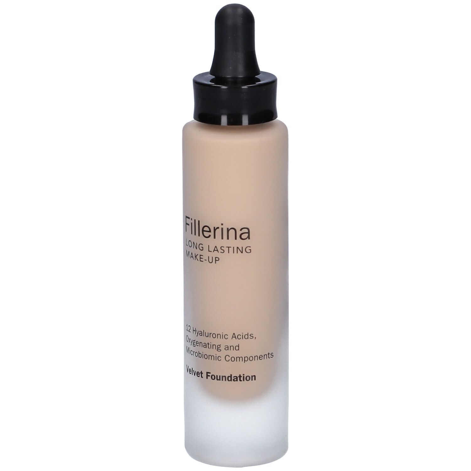 Flacone di fondotinta con applicatore. Scritta: Fillerina Long Lasting Make-Up Velvet Foundation. Tonalità. 12 Acidi Ialuronici.