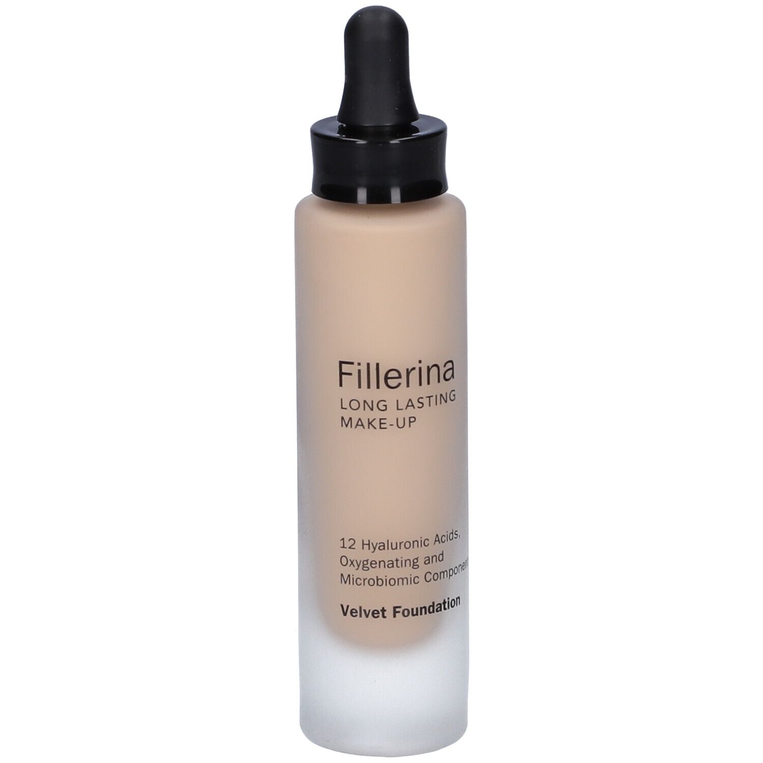 Flacone di fondotinta con applicatore. Scritta: Fillerina Long Lasting Make-Up Velvet Foundation. Tonalità. 12 Acidi Ialuronici.