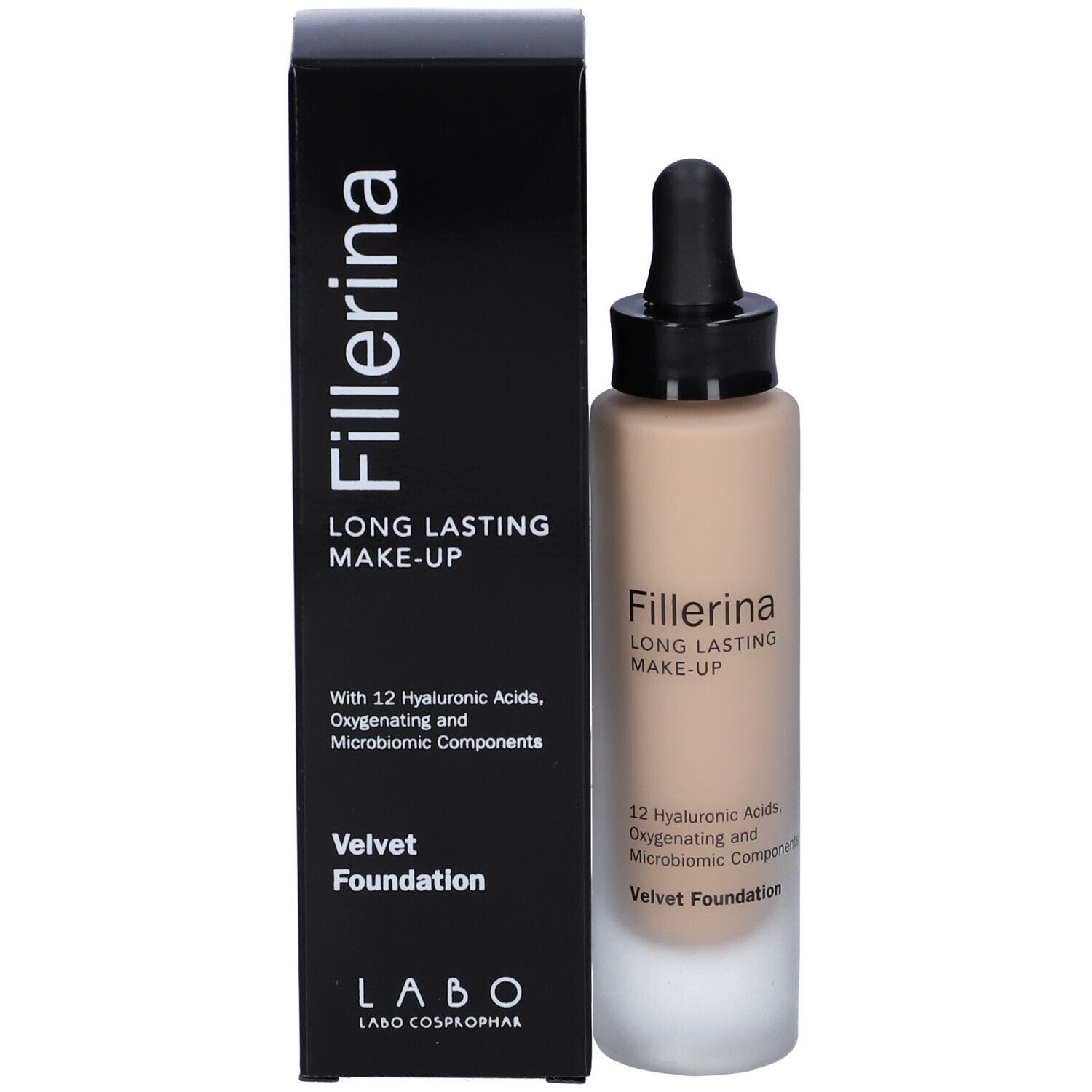 Flacone di fondotinta con applicatore e confezione. Scritta: Fillerina Long Lasting Make-Up Velvet Foundation. Tonalità. 12 Acidi Ialuronici.
