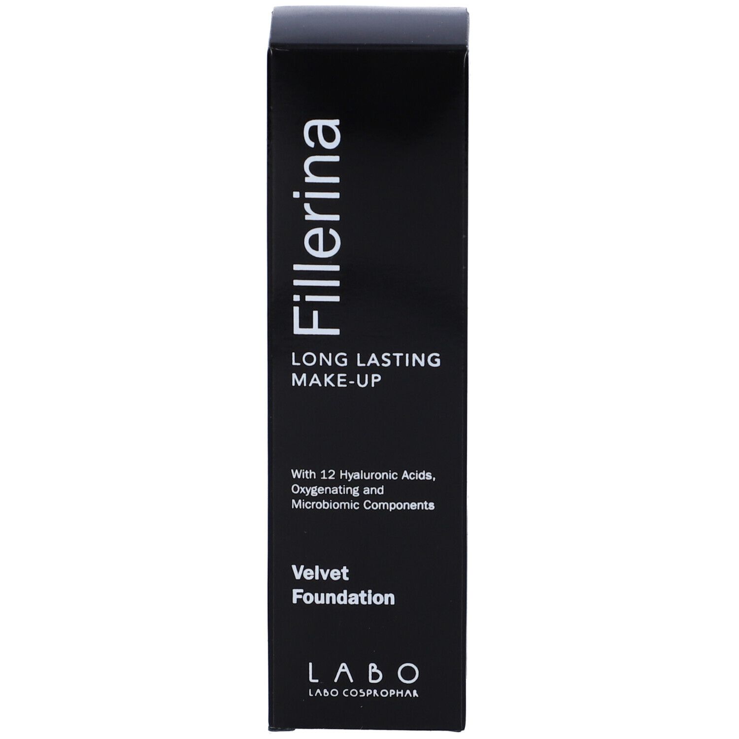 Confezione per fondotinta. Scritta: Fillerina Long Lasting Make-Up Velvet Foundation. 12 Acidi Ialuronici. Labo.