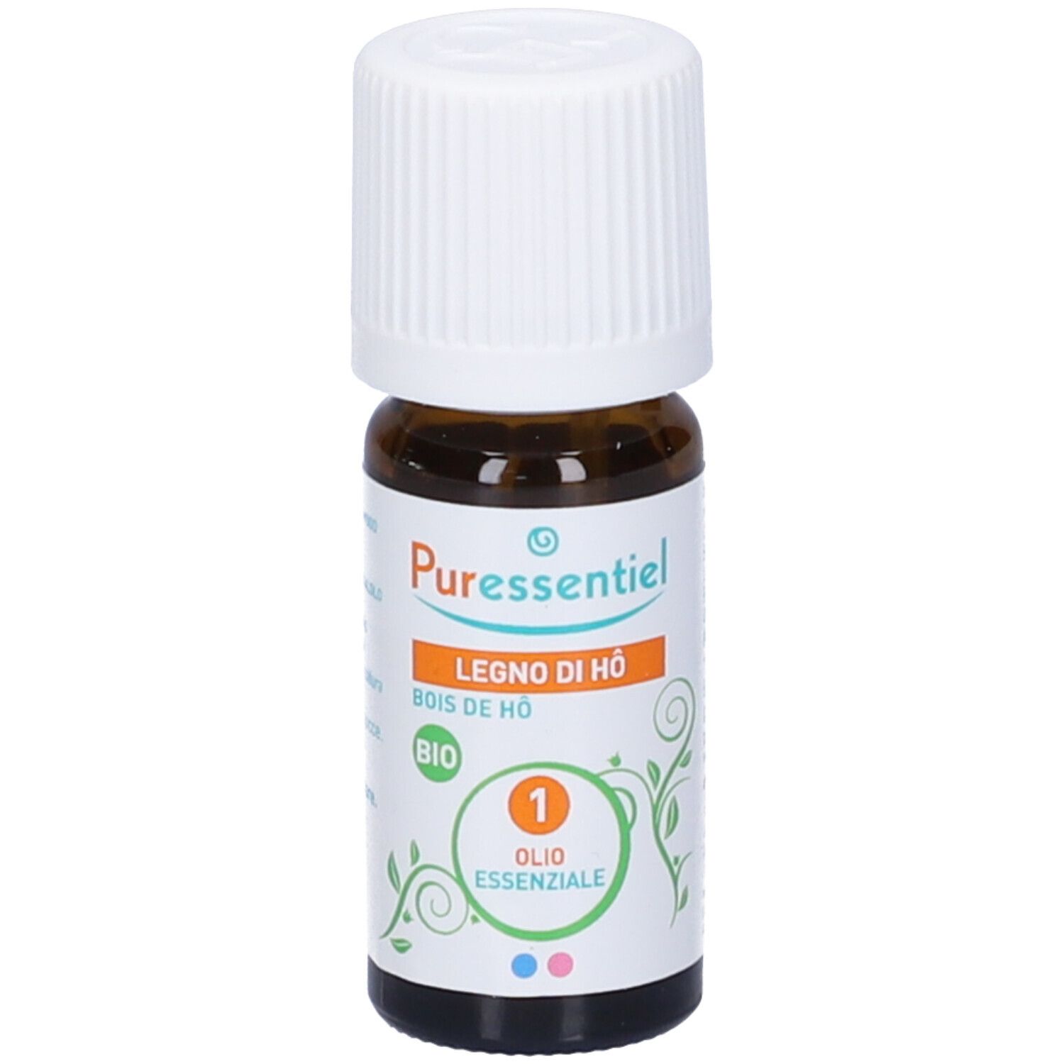 Flacone di vetro marrone con tappo bianco. Etichetta con testo e foglie verdi. Certificazione BIO.