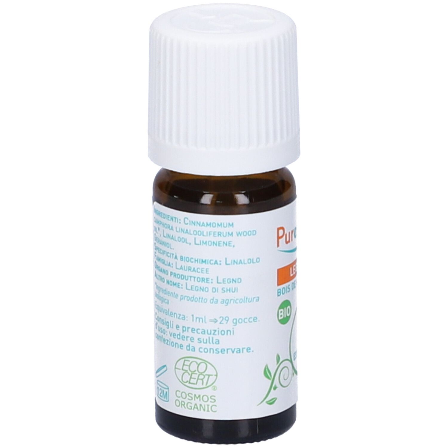 Flacone di vetro marrone con tappo bianco. Etichetta con ingredienti e certificazione. COSMOS ORGANIC.