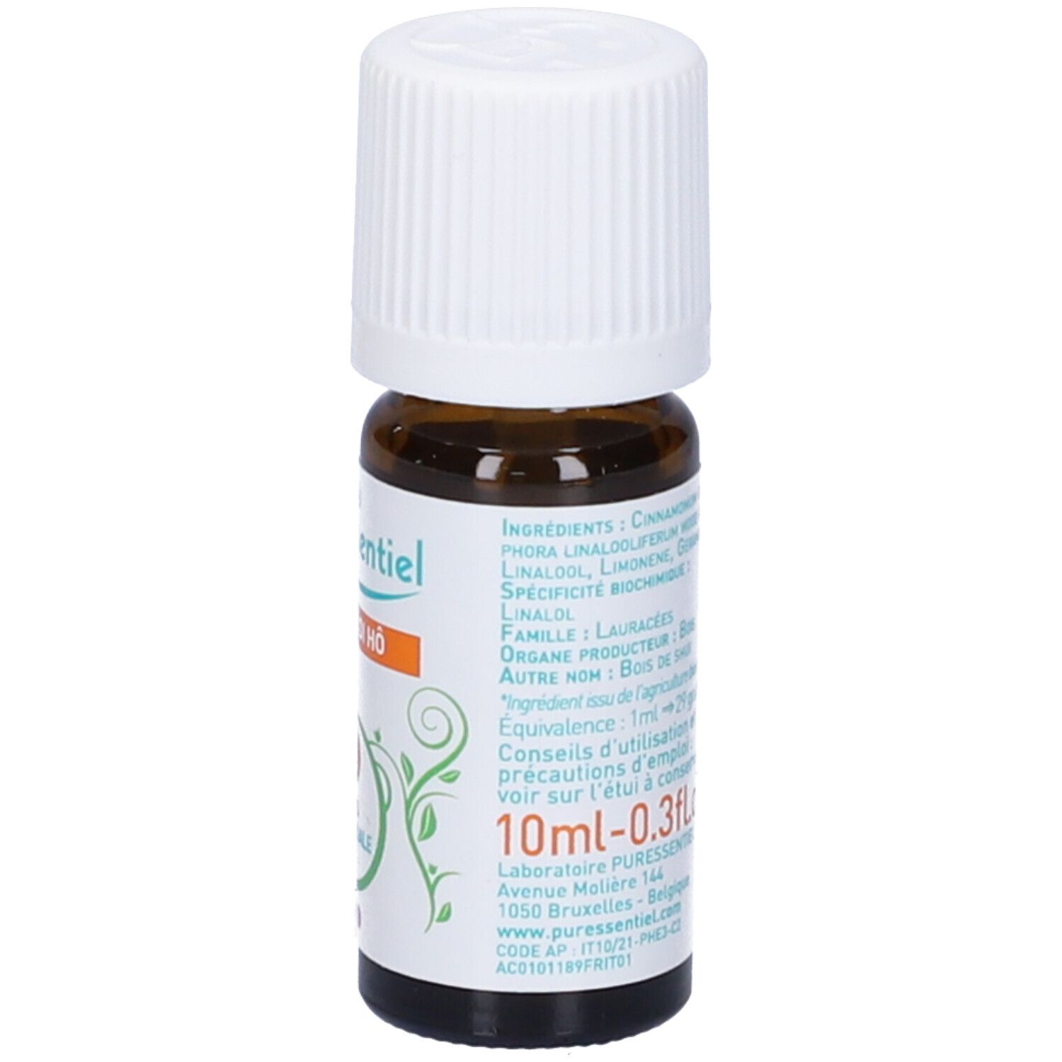 Flacone di vetro marrone con tappo bianco. Etichetta con volume 10ml-0.3fl.oz. e indirizzo.