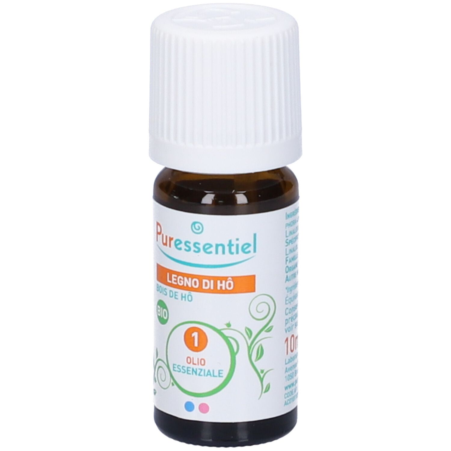 Flacone di vetro marrone con tappo bianco. Etichetta con nome prodotto e foglie verdi. BIO.