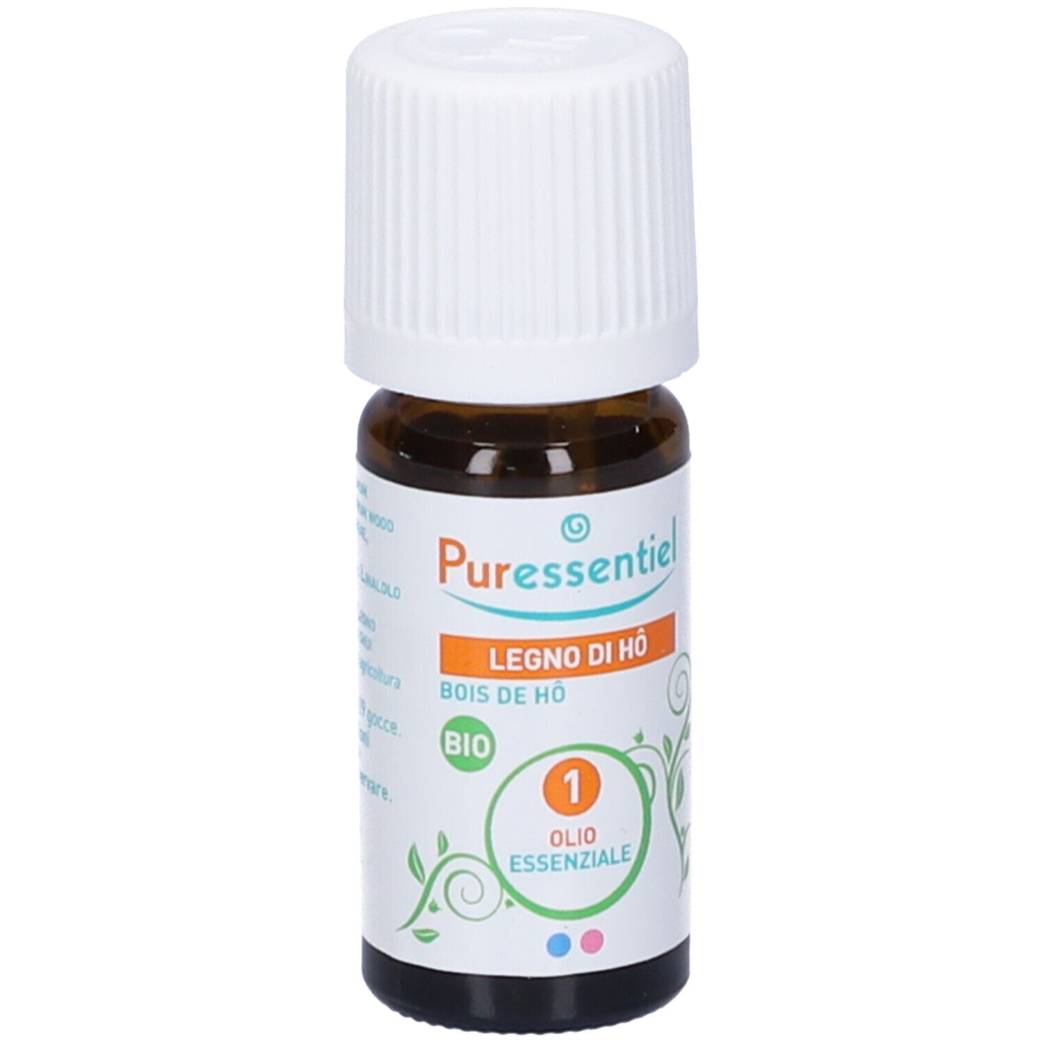 Flacone di vetro marrone con tappo bianco. Etichetta con nome prodotto e foglie verdi. BIO.